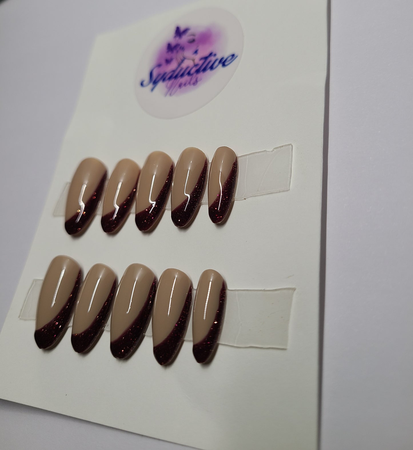 Burgundy with glitter french nails. Medium Almond, (14 pieces) Press-On Nails including Prep Kit (PN000058)