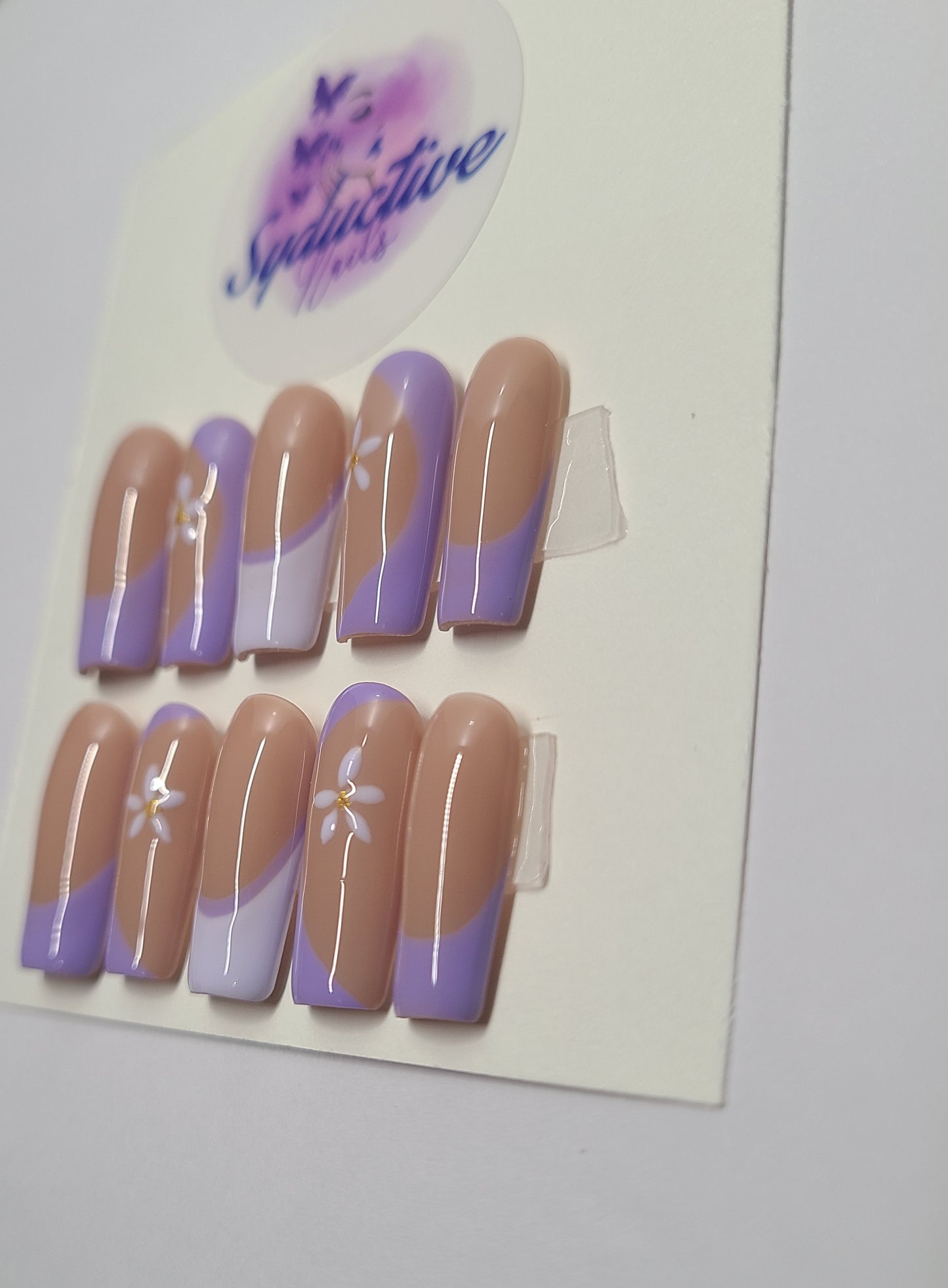 Double purple multi-design nails with flowers. Medium Square, (14 pieces) Press-On Nails including Prep Kit (PN000069)