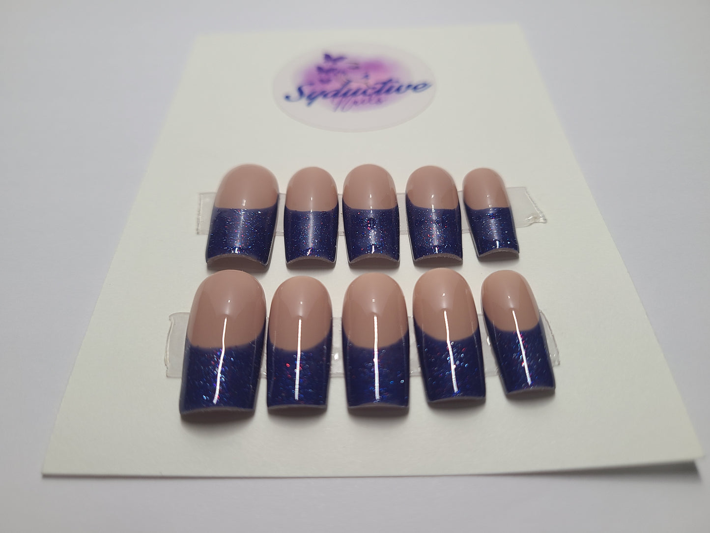 Dark blue french nails with glitter. Medium Square, (14 pieces) Press-On Nails including Prep Kit (PN000070)