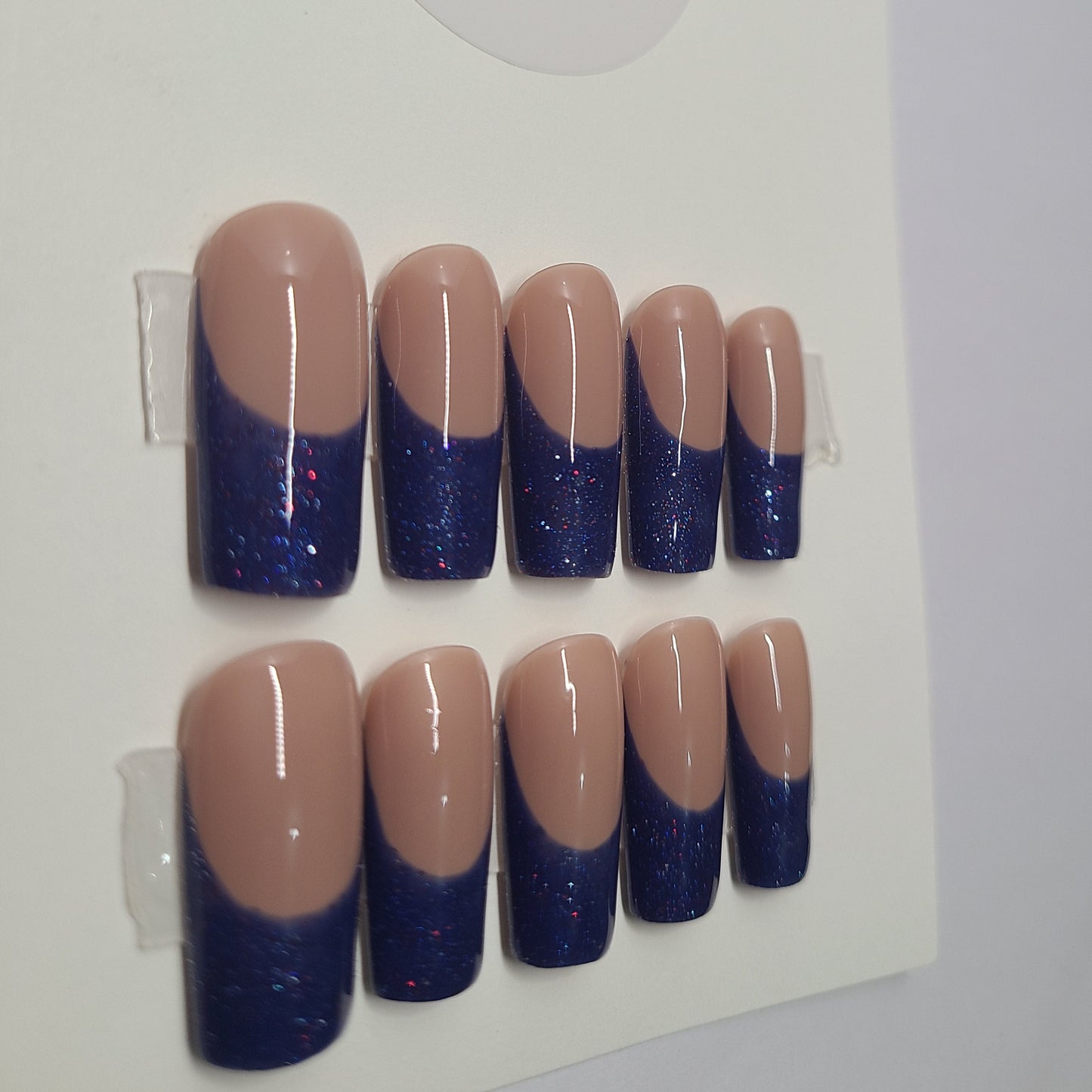 Dark blue french nails with glitter. Medium Square, (14 pieces) Press-On Nails including Prep Kit (PN000070)