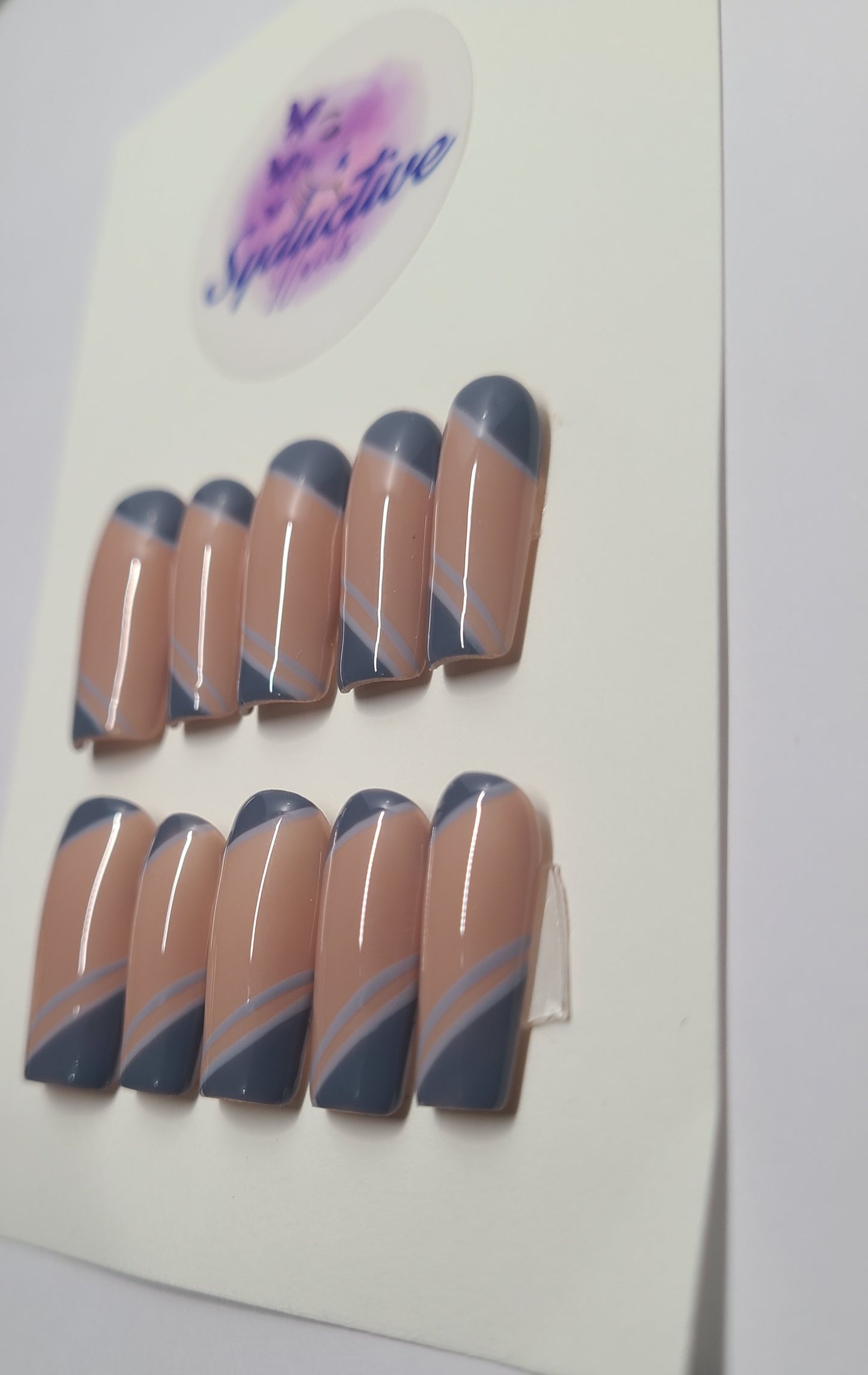 Dark grey and nude nails with light grey lines. Medium Square, (16 pieces) Press-On Nails including Prep Kit (PN000072)