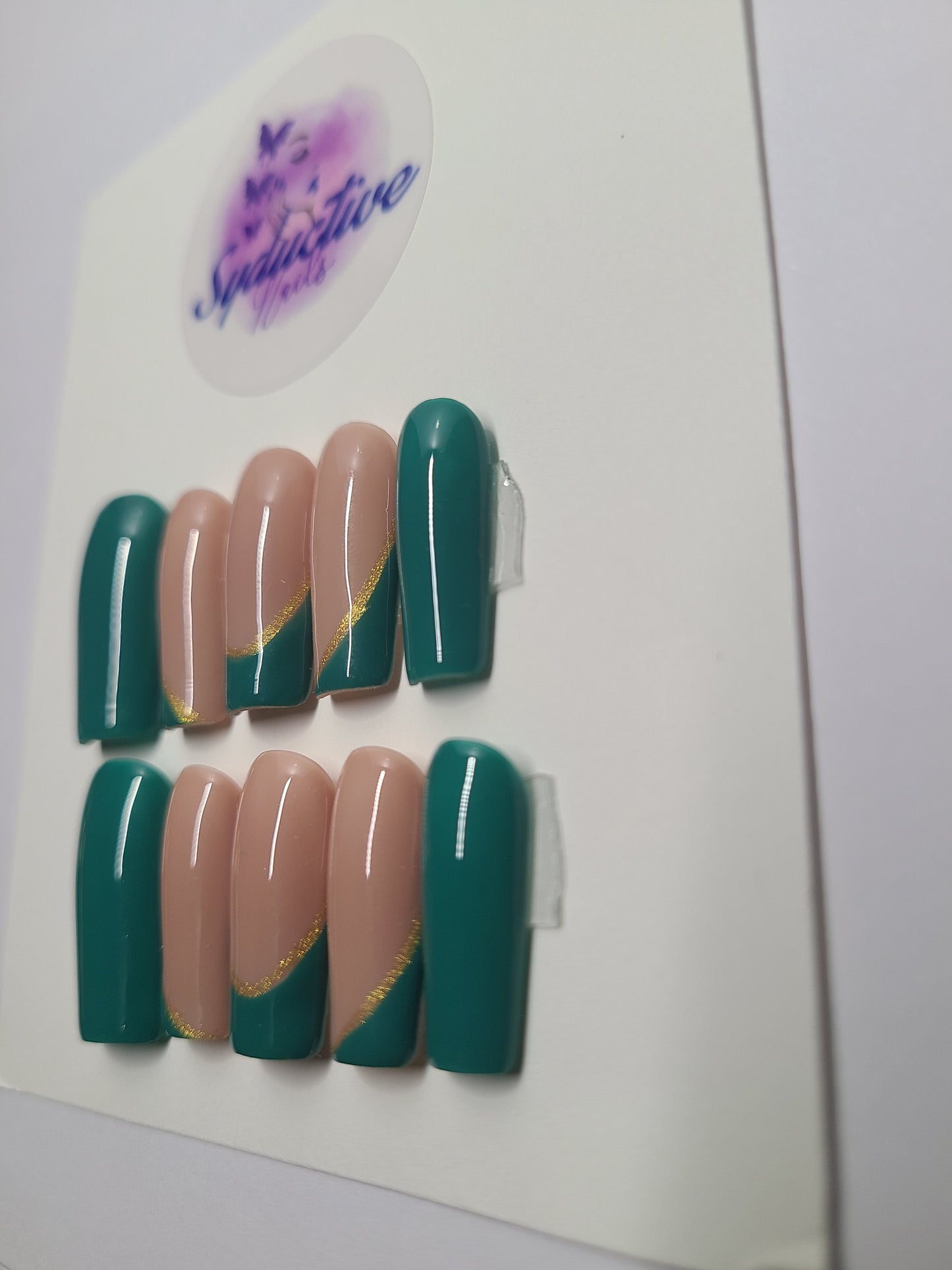 Green and nude multi-design gel nails with gold lines. Medium Square,(16 pieces) Press-On Nails including Prep Kit (PN000073)