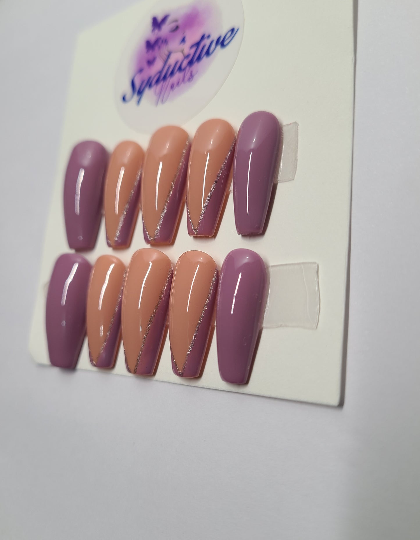 Mauve nails with v-french design and silver lines. Medium Coffin, (16 pieces) Press-On Nails including Prep Kit (PN000067)