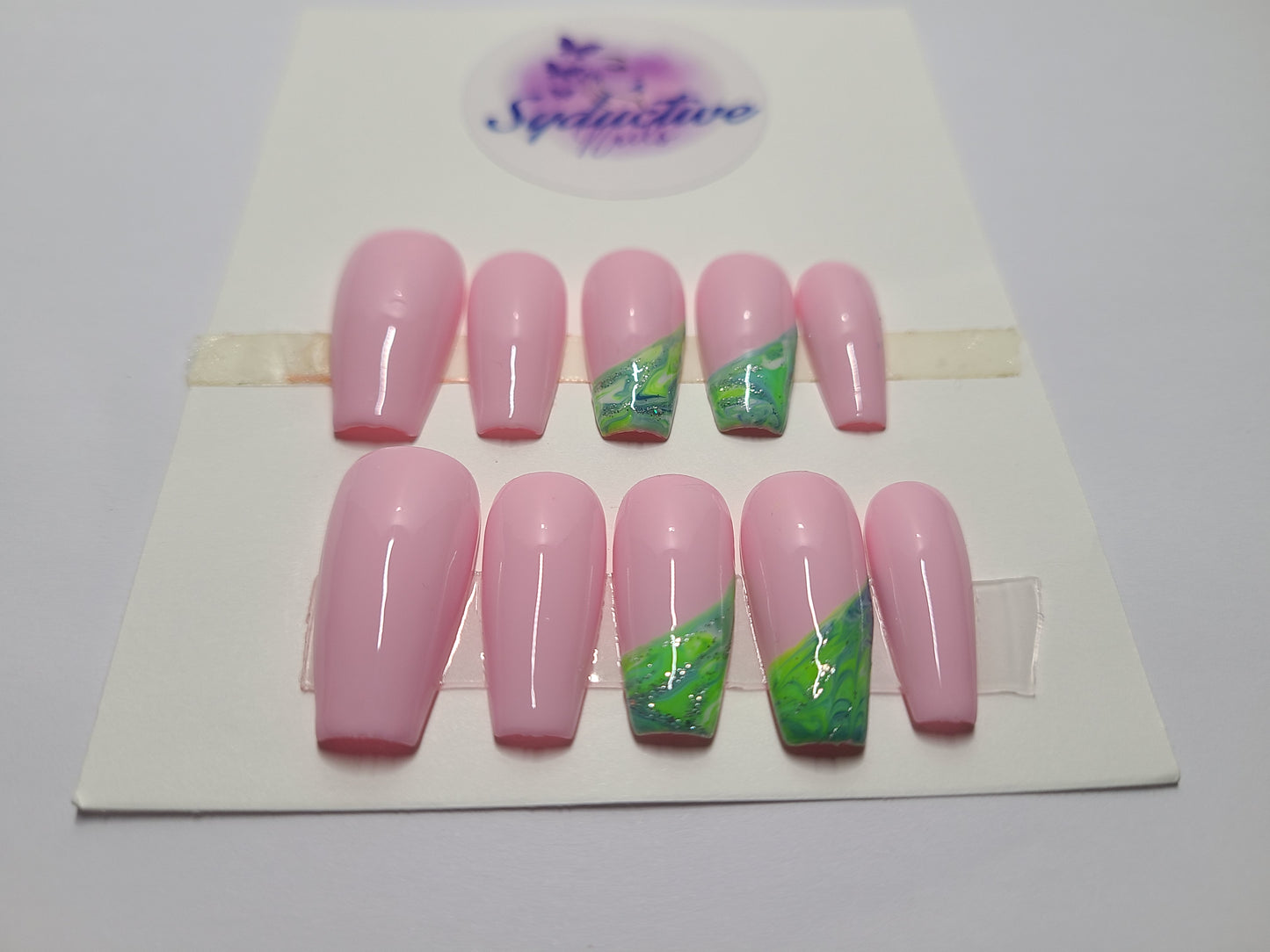 Pink nails with green marble and glitter. Medium Coffin, (14 pieces) Press-On Nails including Prep Kit (PN000066)