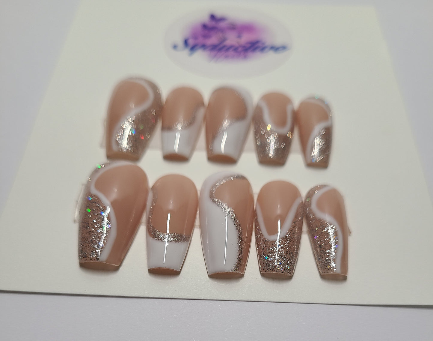 White multi-design nails with glitter. Medium Coffin,(16 pieces) Press-On Nails including Prep Kit (PN000079)