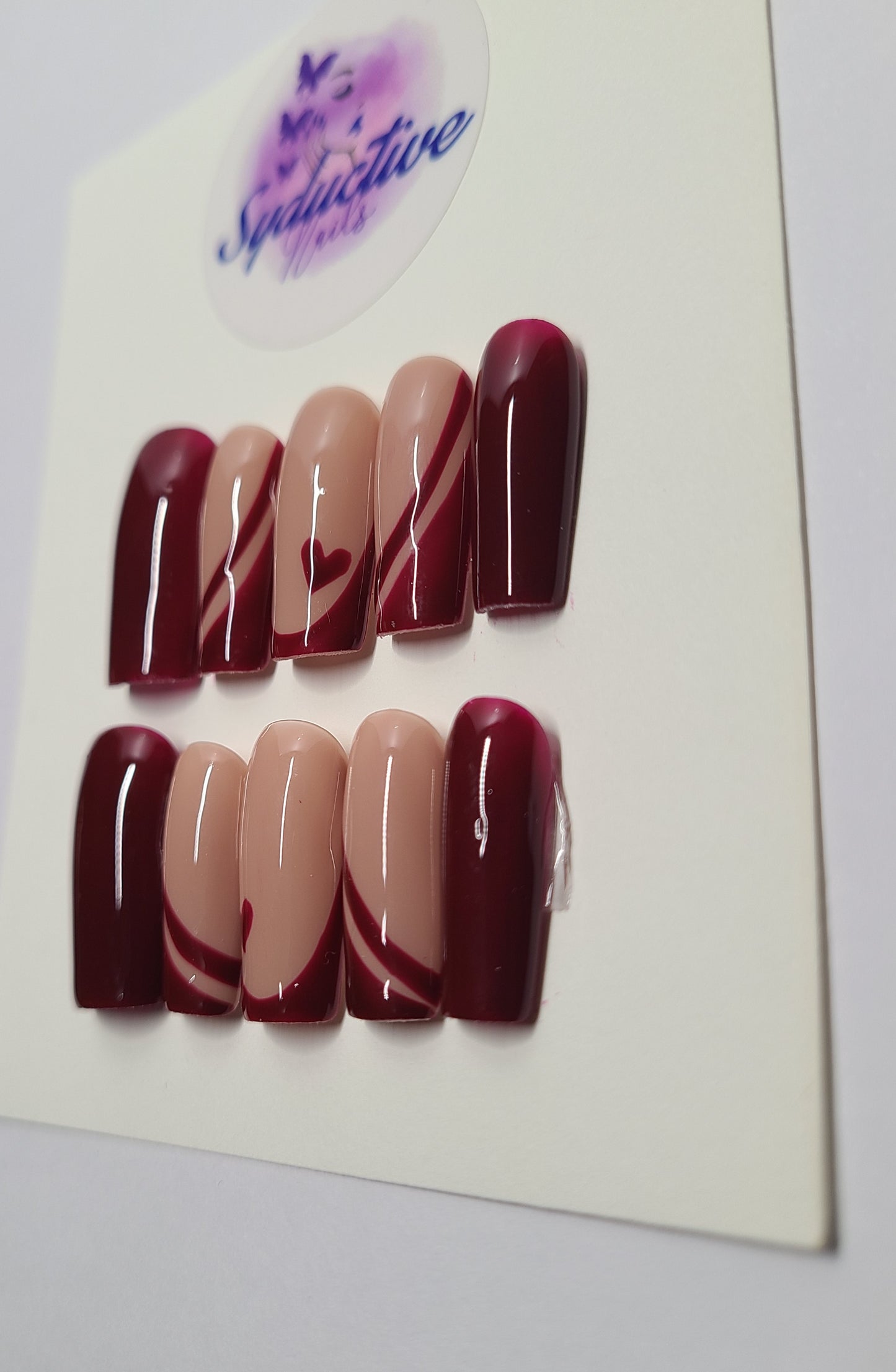 Burgundy multi-design nails with hearts and lines. Medium Square,(16 pieces) Press-On Nails including Prep Kit (PN000075)
