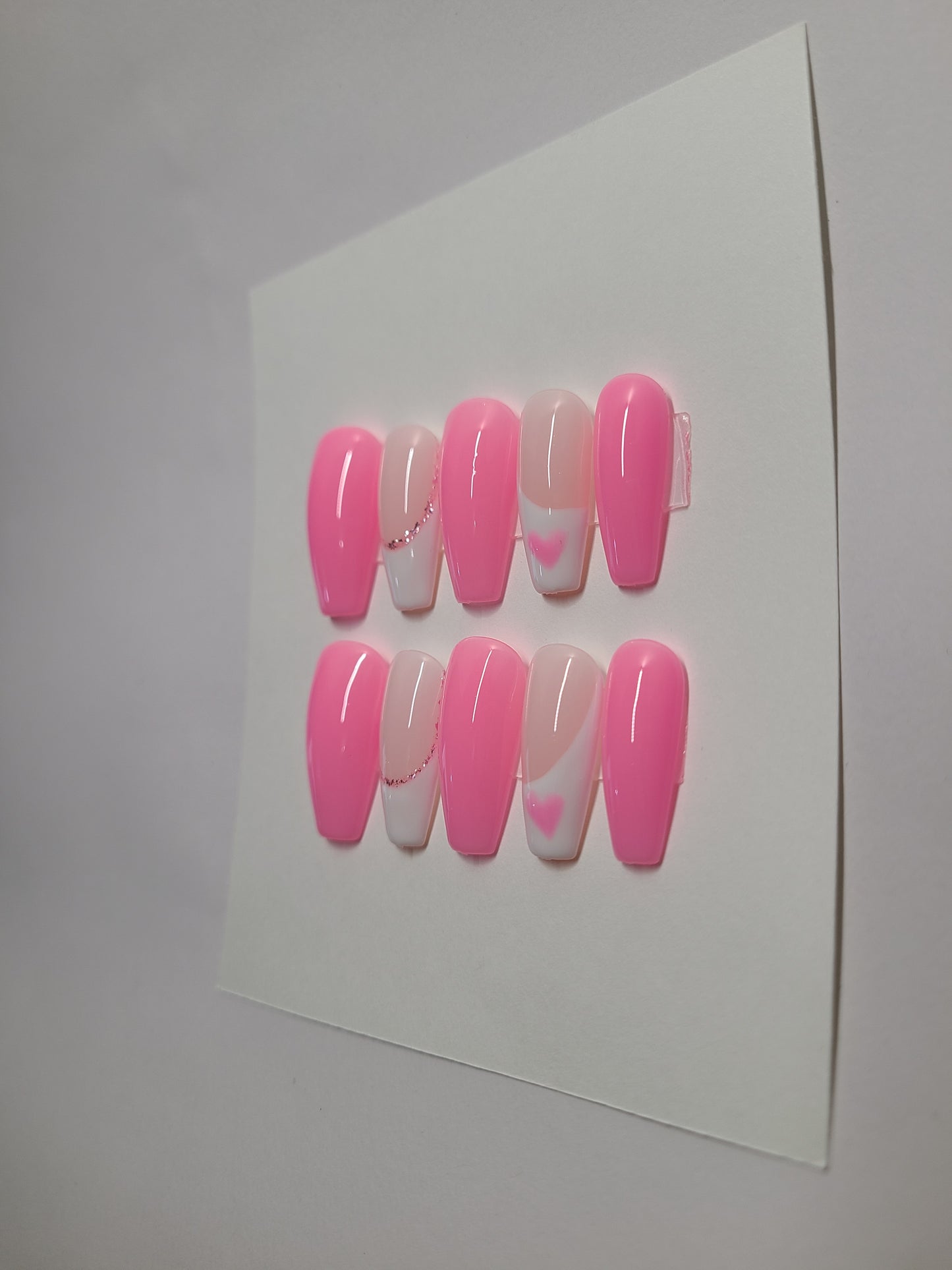Pink and white multi-design with hearts. Medium Coffin,(20 pieces) Press-On Nails including Prep Kit (PN000085)