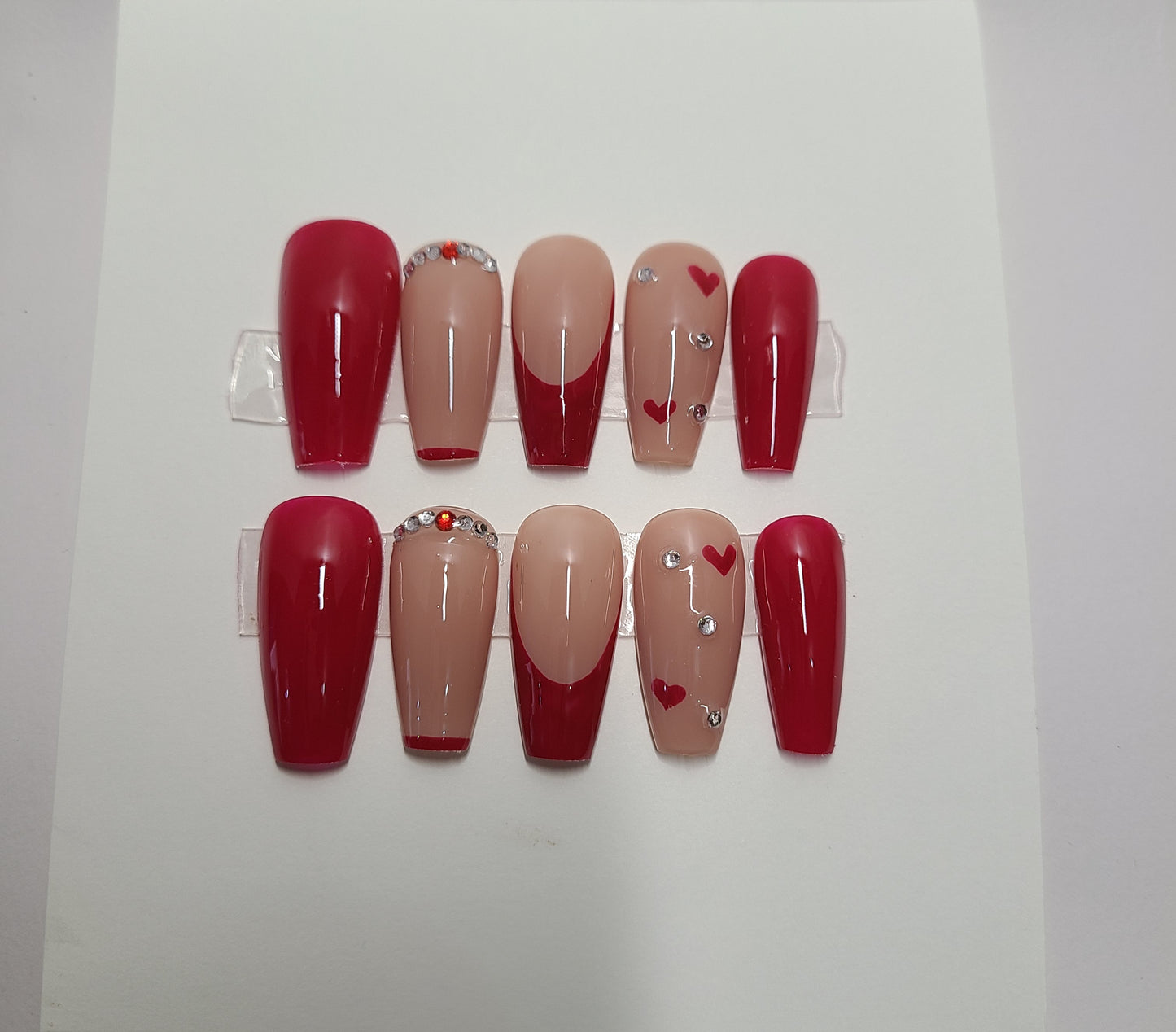 Red and nude multi-design with red hearts. Medium Coffin, (20 pieces) Press-On Nails including Prep Kit (PN000087)
