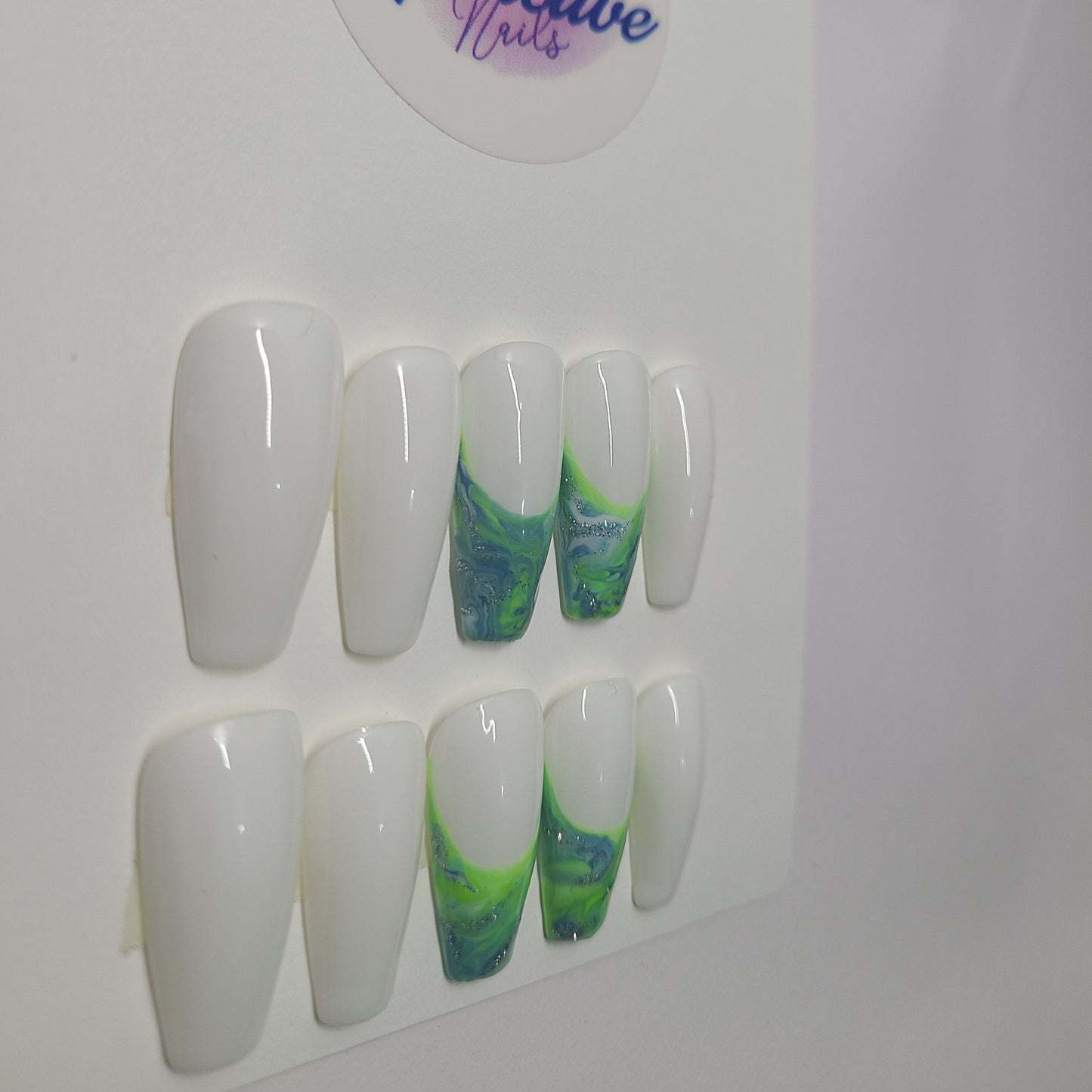 White with green marble french.. Medium Coffin,(14 pieces) Press-On Nails including Prep Kit (PN000088)