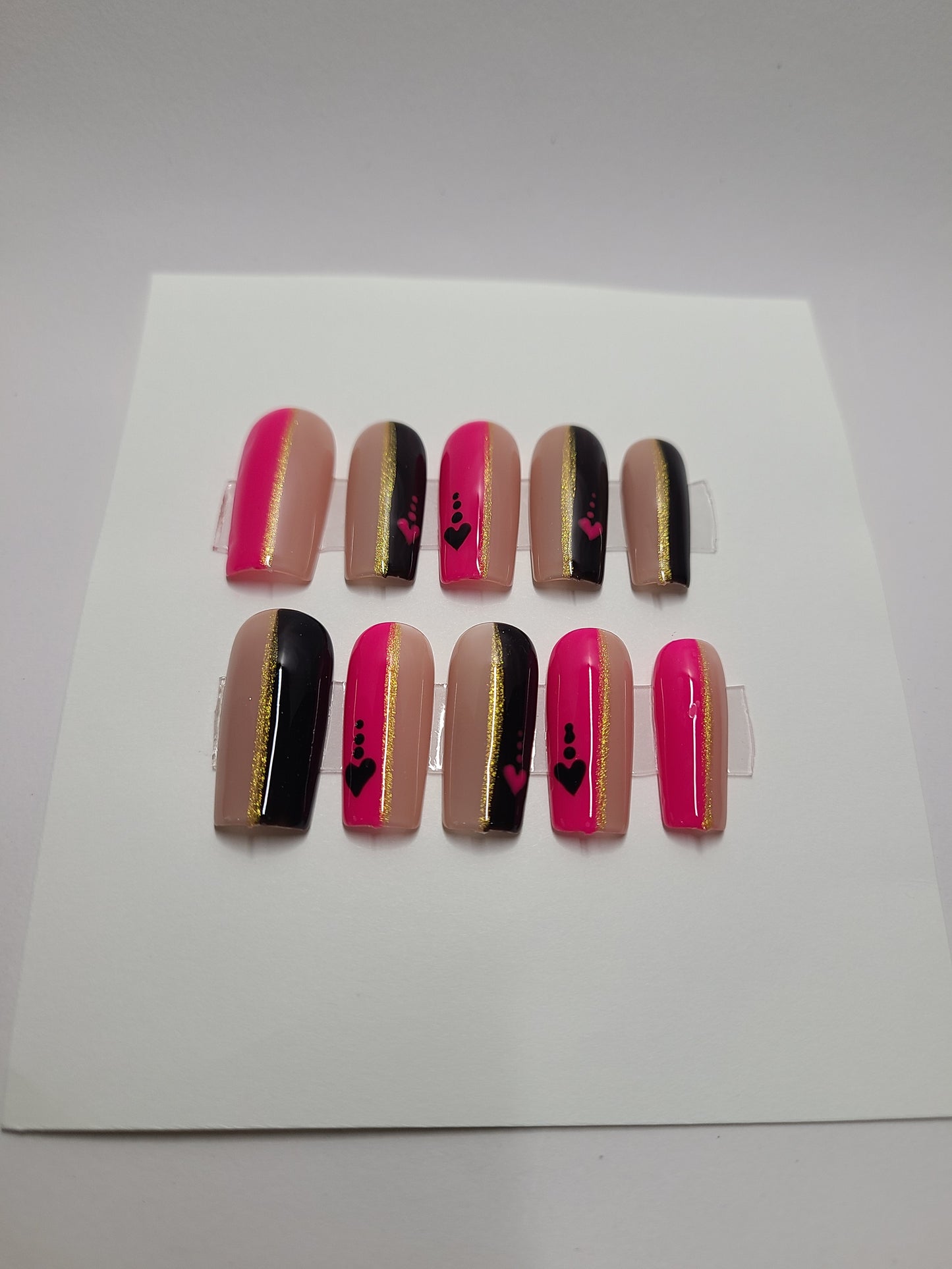 Black, nude, and pink with hearts and gold lines. Medium Square, (24 pieces) Press-On Nails including Prep Kit (PN000091)