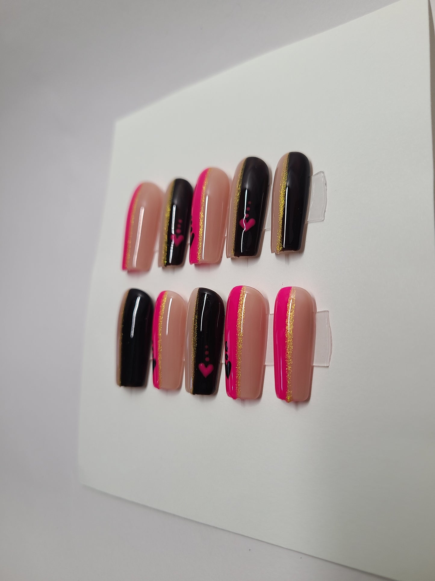 Black, nude, and pink with hearts and gold lines. Medium Square, (24 pieces) Press-On Nails including Prep Kit (PN000091)