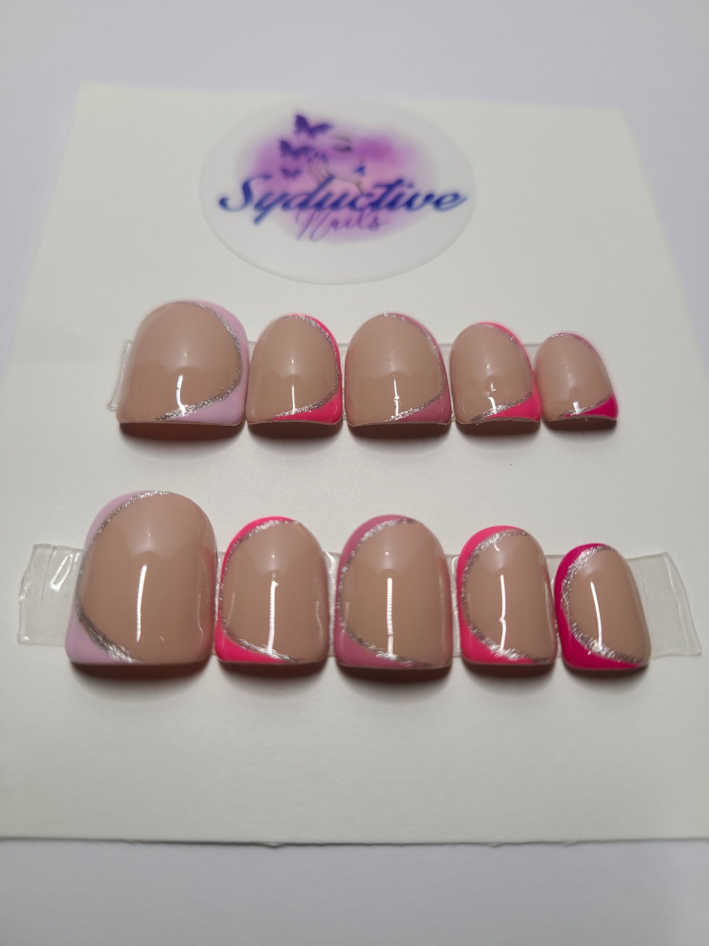 Shades of pink with silver lines. Short Square, (14 pieces) Press-On Nails including Prep Kit (PN000049)