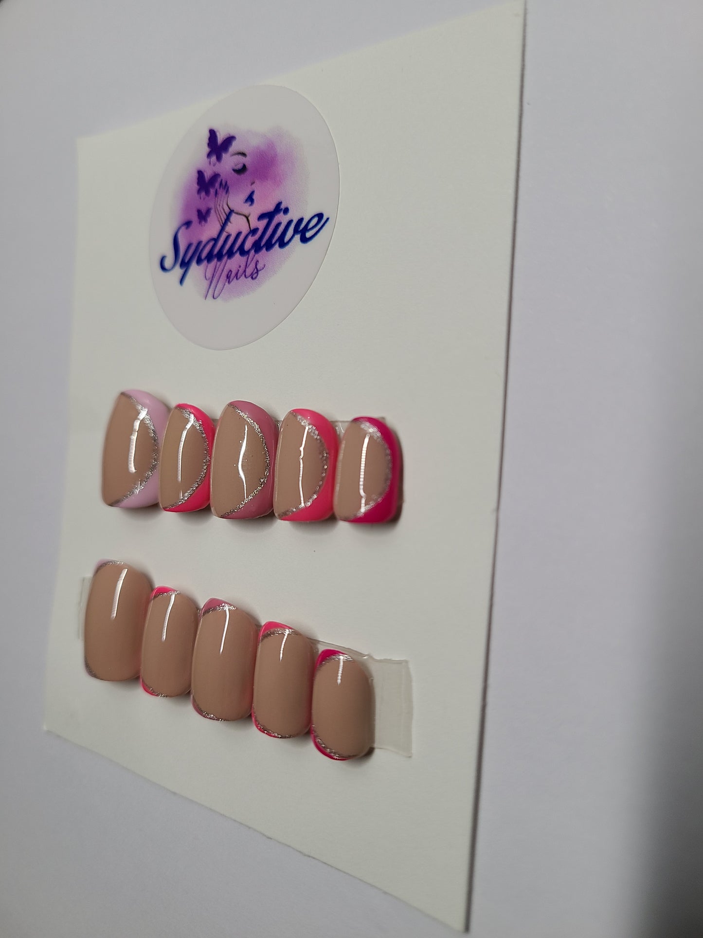 Shades of pink with silver lines. Short Square, (14 pieces) Press-On Nails including Prep Kit (PN000049)