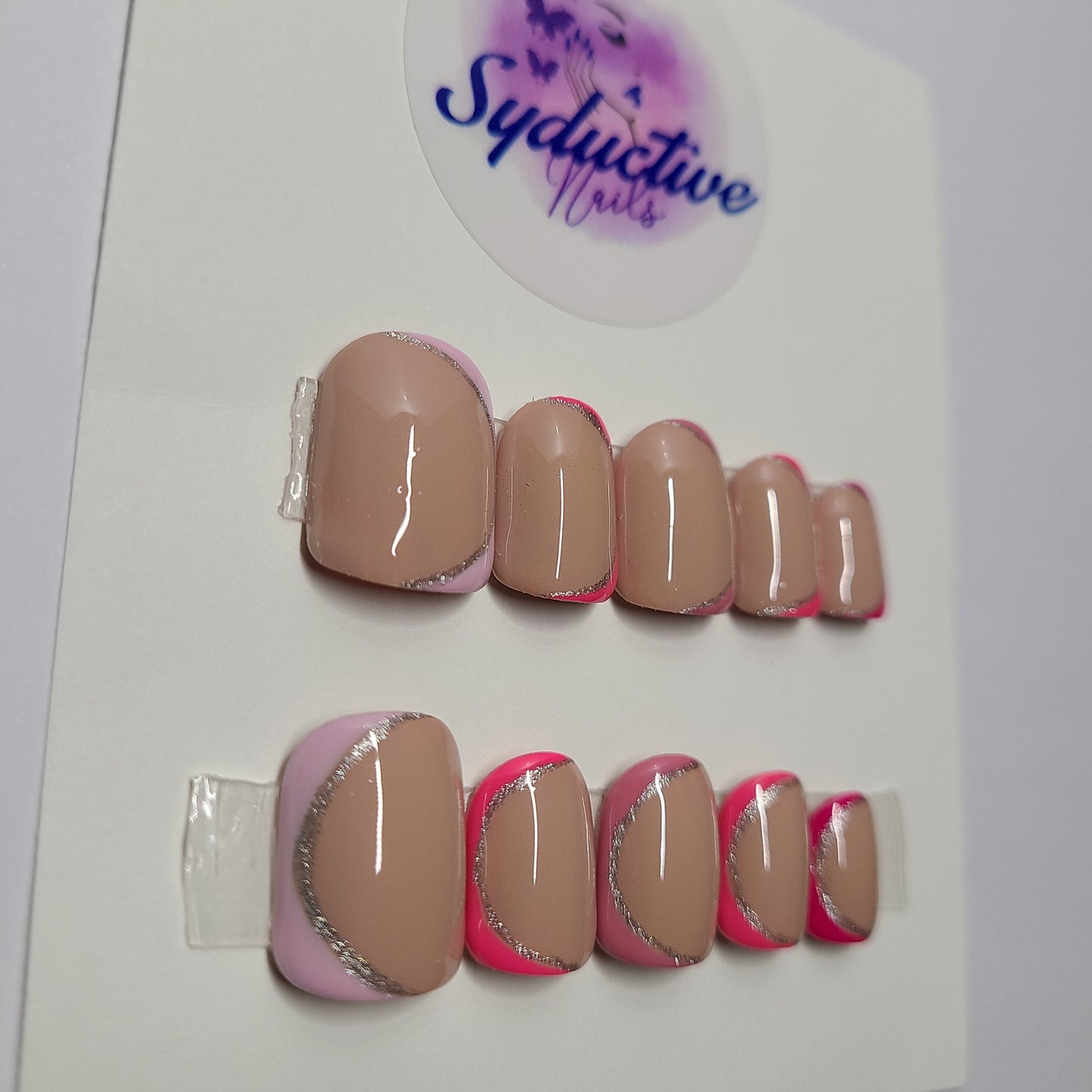 Shades of pink with silver lines. Short Square, (14 pieces) Press-On Nails including Prep Kit (PN000049)