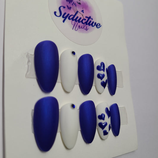 Matte royal blue and white with blue hearts and gems. Medium Almond, (14 pieces) Press-On Nails including Prep Kit (PN000060)