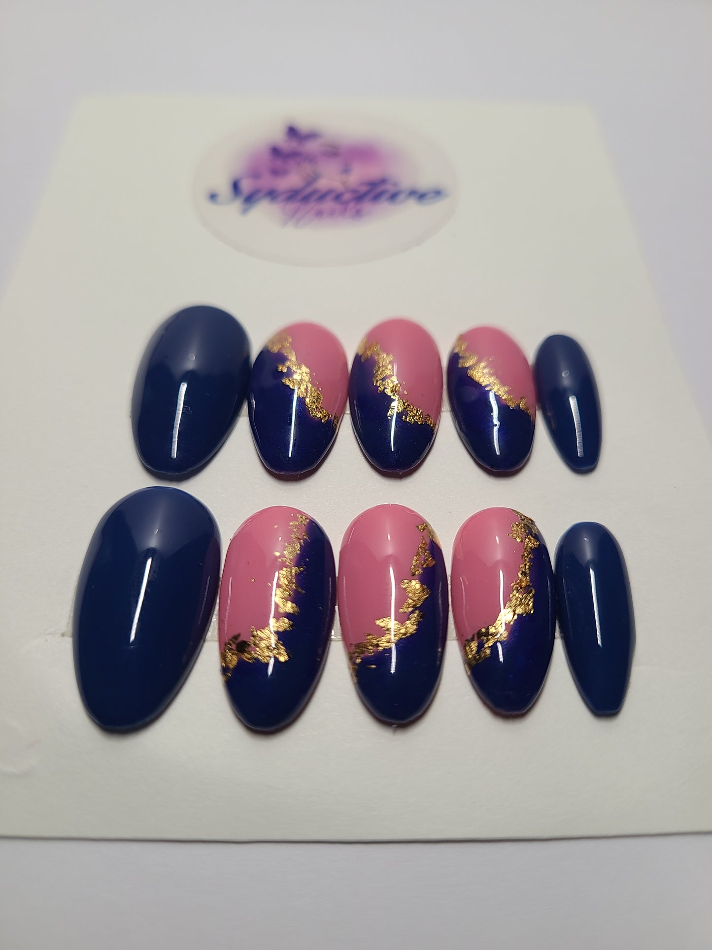 Dark blue and pink with gold flakes. Medium Almond, (14 pieces) Press-On Nails including Prep Kit (PN000057)