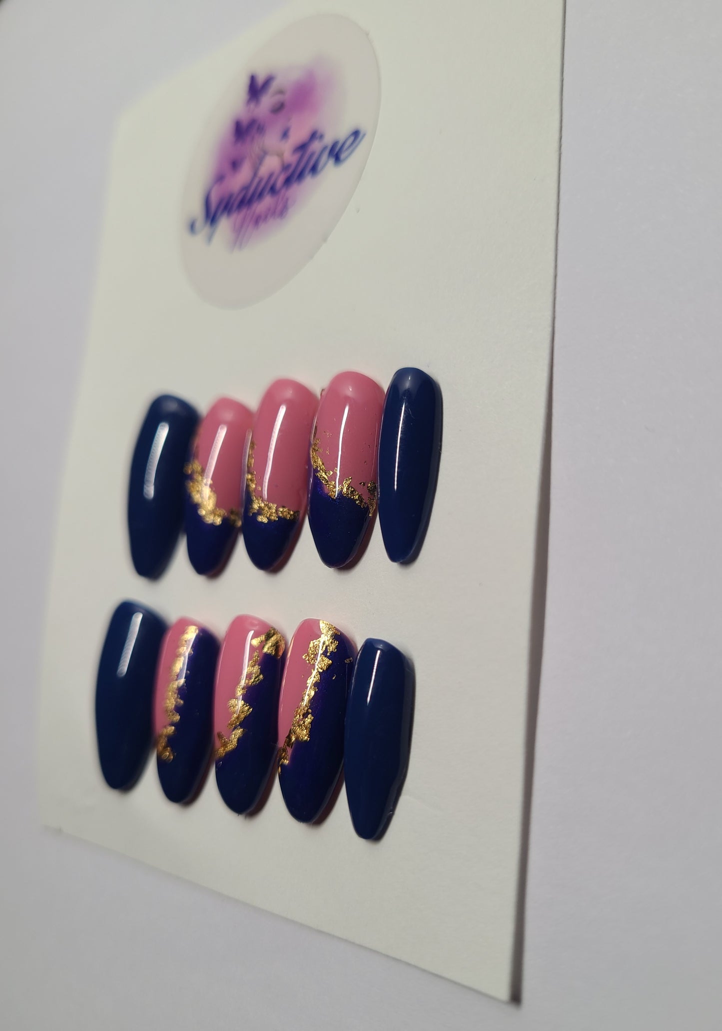 Dark blue and pink with gold flakes. Medium Almond, (14 pieces) Press-On Nails including Prep Kit (PN000057)