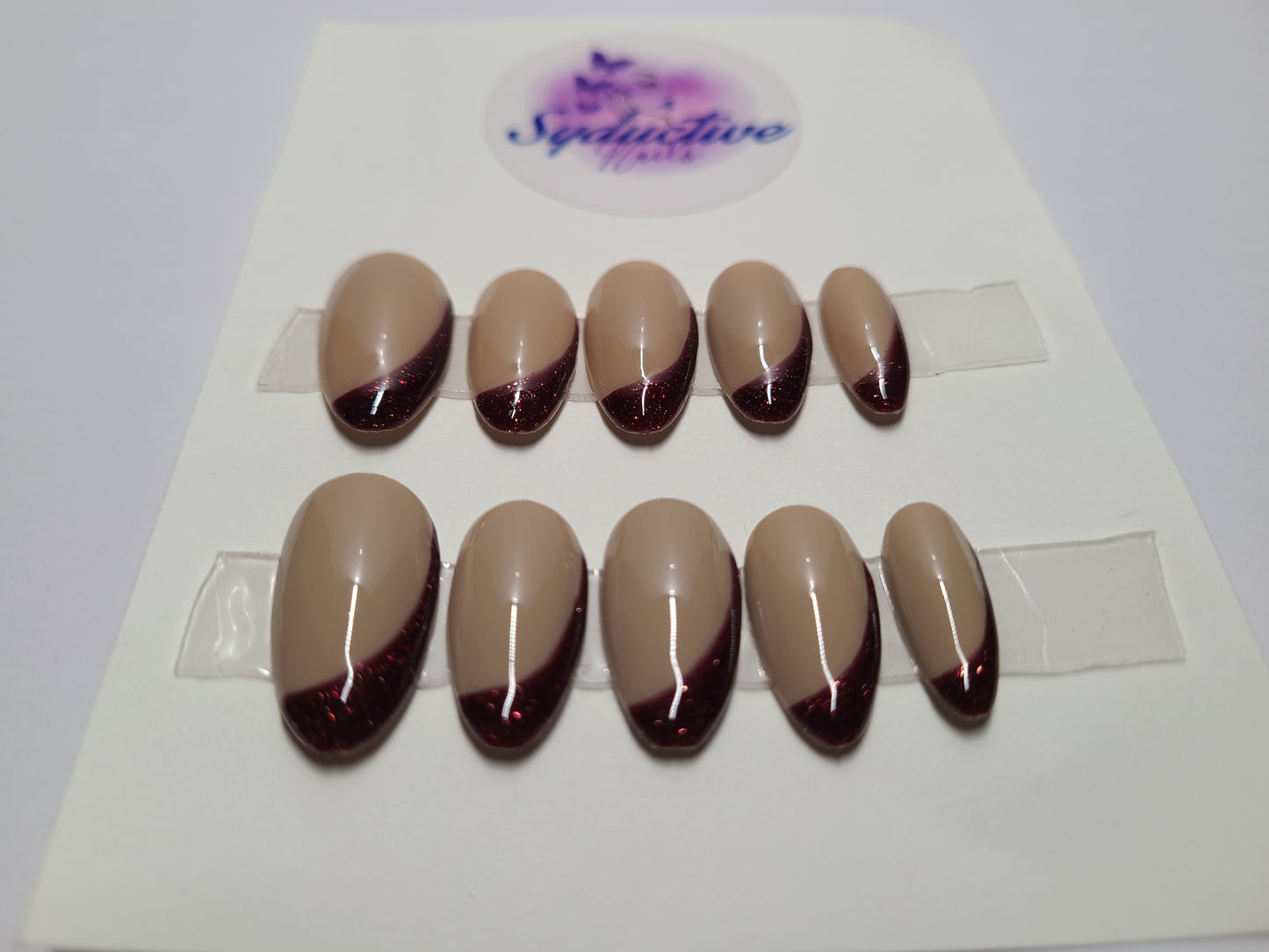Burgundy with glitter french nails. Medium Almond, (14 pieces) Press-On Nails including Prep Kit (PN000058)