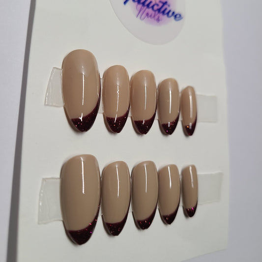 Burgundy with glitter french nails. Medium Almond, (14 pieces) Press-On Nails including Prep Kit (PN000058)