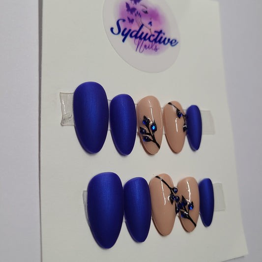 Matte royal blue and nude nails with blue gems. Medium Almond, (14 pieces) Press-On Nails including Prep Kit (PN000056)