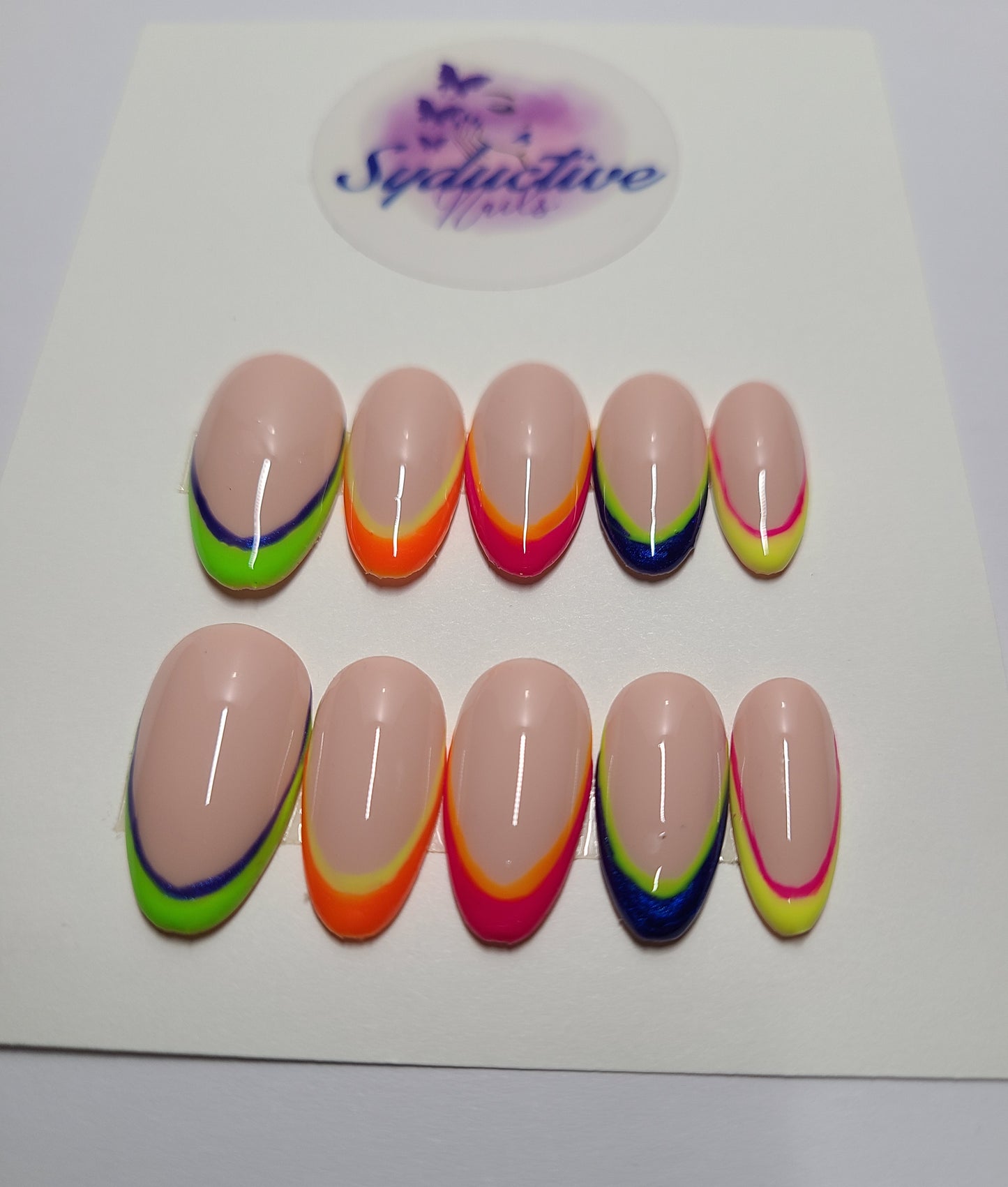 Multicolor (blue, lime green, orange, pink, yellow) french nails. Medium Almond, (16 pieces) Press-On Nails including Prep Kit (PN000055)