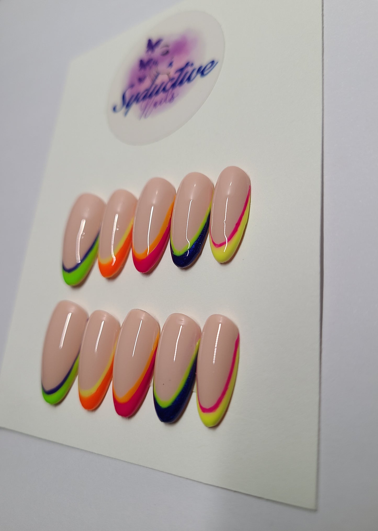 Multicolor (blue, lime green, orange, pink, yellow) french nails. Medium Almond, (16 pieces) Press-On Nails including Prep Kit (PN000055)