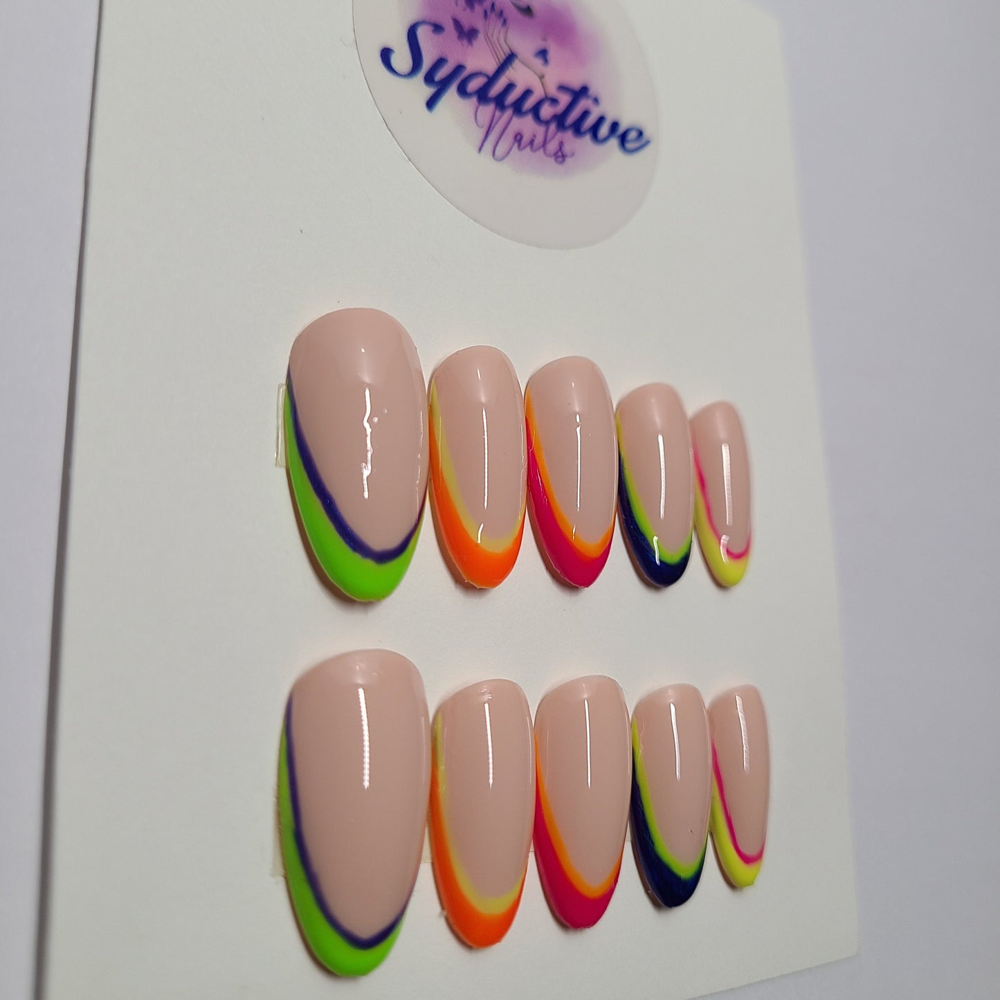 Multicolor (blue, lime green, orange, pink, yellow) french nails. Medium Almond, (16 pieces) Press-On Nails including Prep Kit (PN000055)