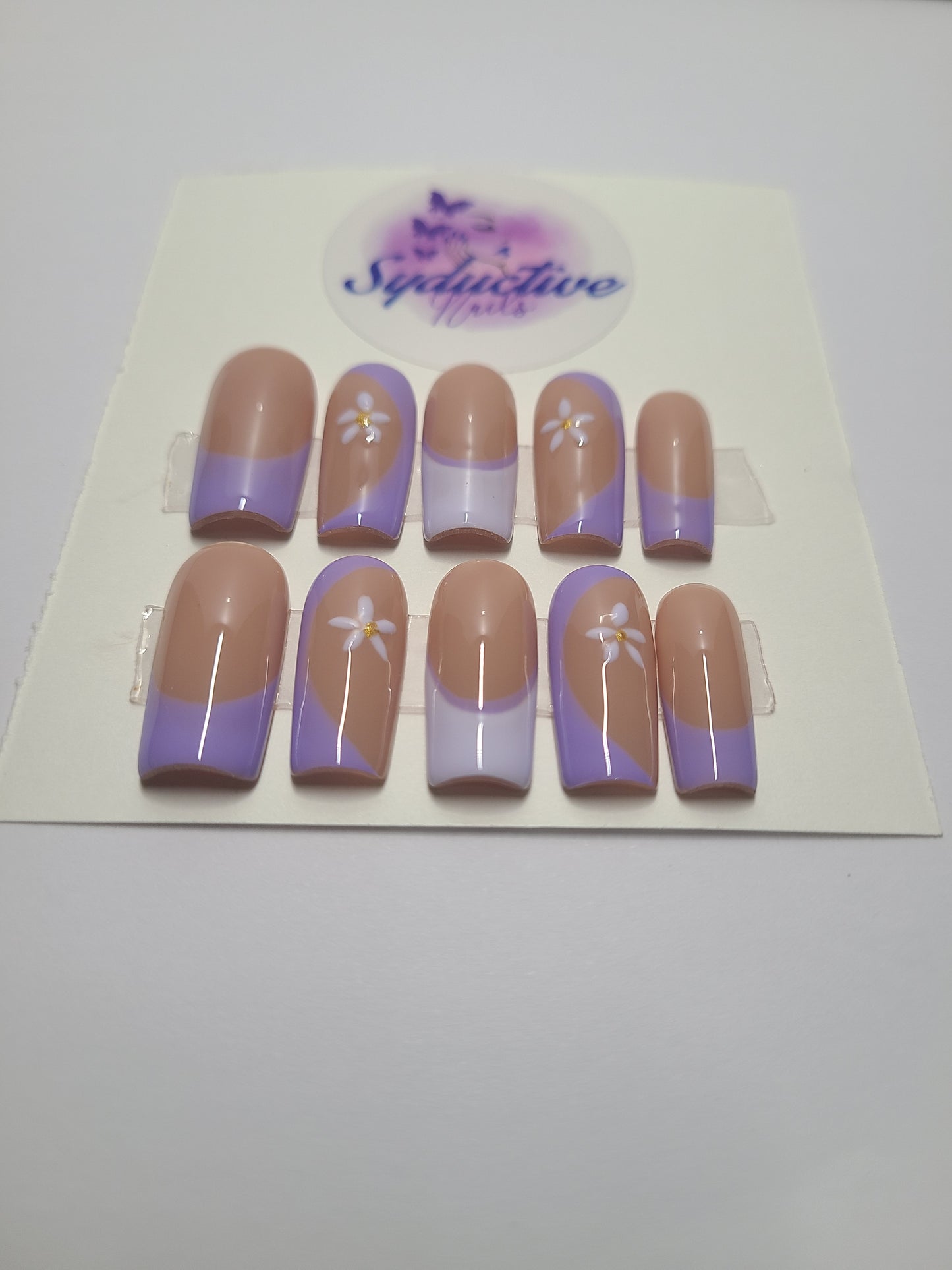 Double purple multi-design nails with flowers. Medium Square, (14 pieces) Press-On Nails including Prep Kit (PN000069)