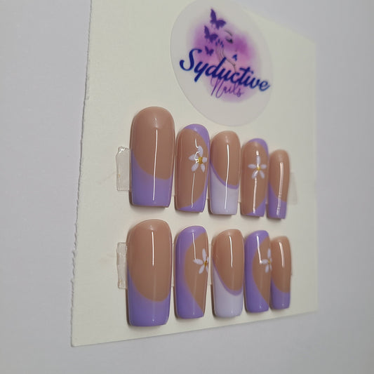 Double purple multi-design nails with flowers. Medium Square, (14 pieces) Press-On Nails including Prep Kit (PN000069)