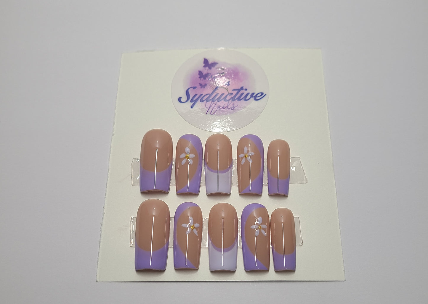 Double purple multi-design nails with flowers. Medium Square, (14 pieces) Press-On Nails including Prep Kit (PN000069)