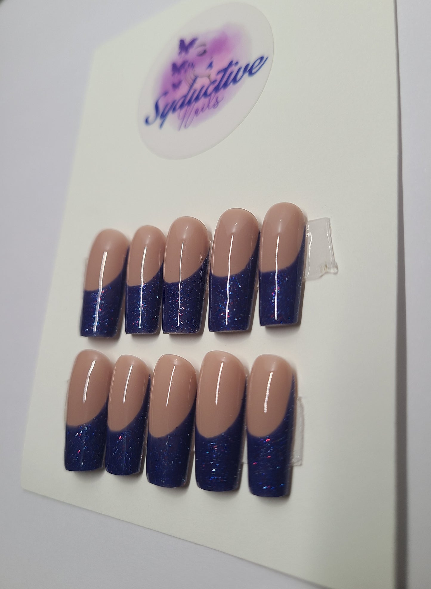 Dark blue french nails with glitter. Medium Square, (14 pieces) Press-On Nails including Prep Kit (PN000070)