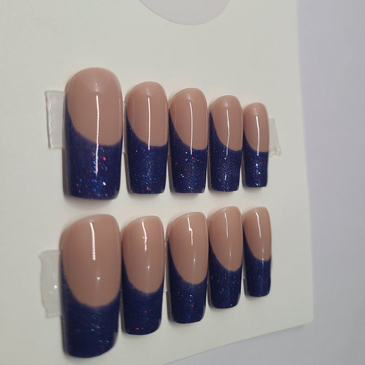 Dark blue french nails with glitter. Medium Square, (14 pieces) Press-On Nails including Prep Kit (PN000070)