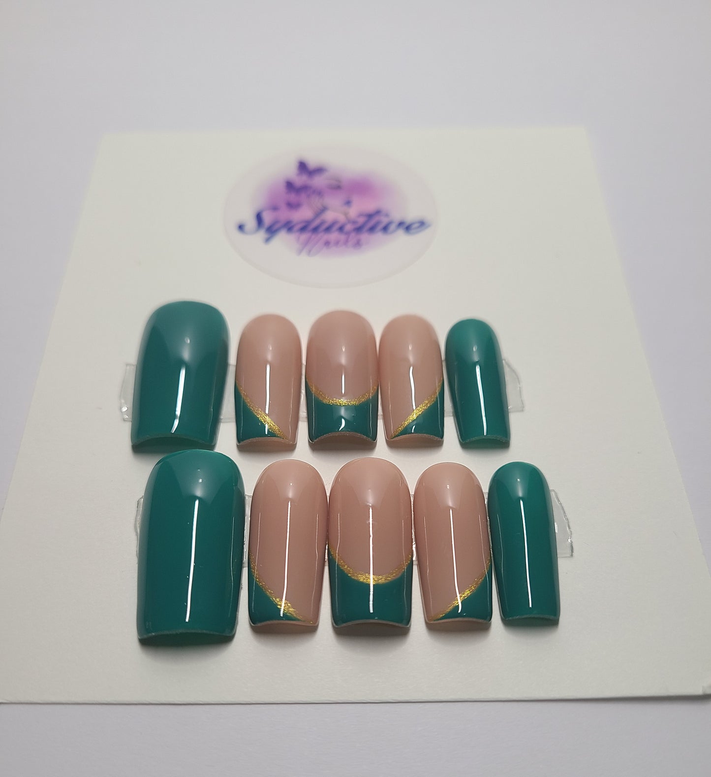 Green and nude multi-design gel nails with gold lines. Medium Square,(16 pieces) Press-On Nails including Prep Kit (PN000073)