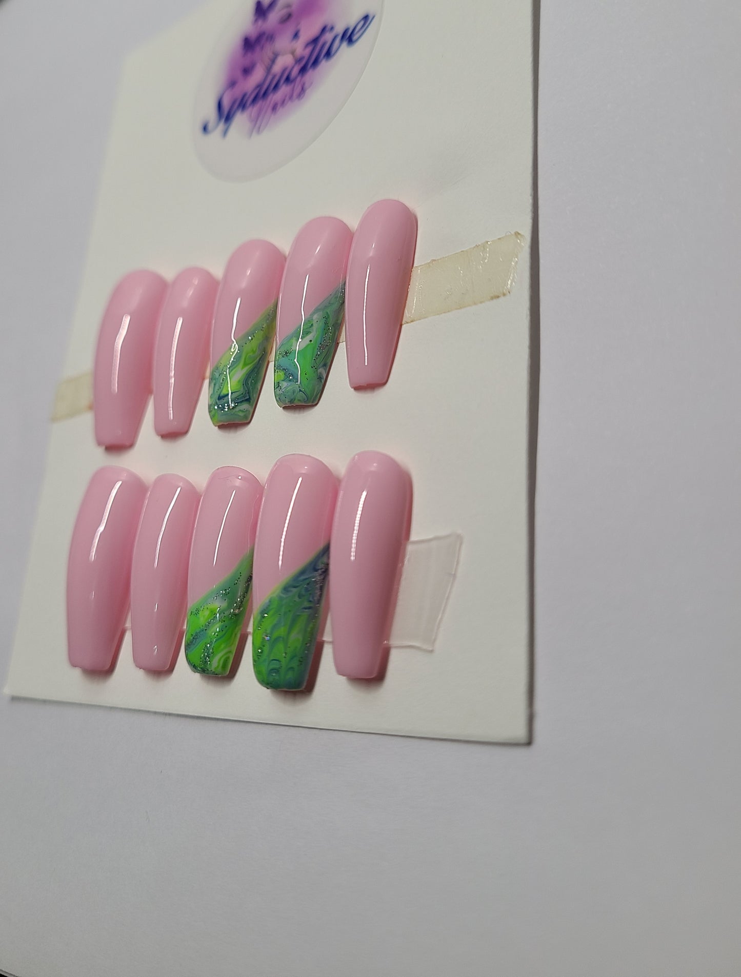 Pink nails with green marble and glitter. Medium Coffin, (14 pieces) Press-On Nails including Prep Kit (PN000066)