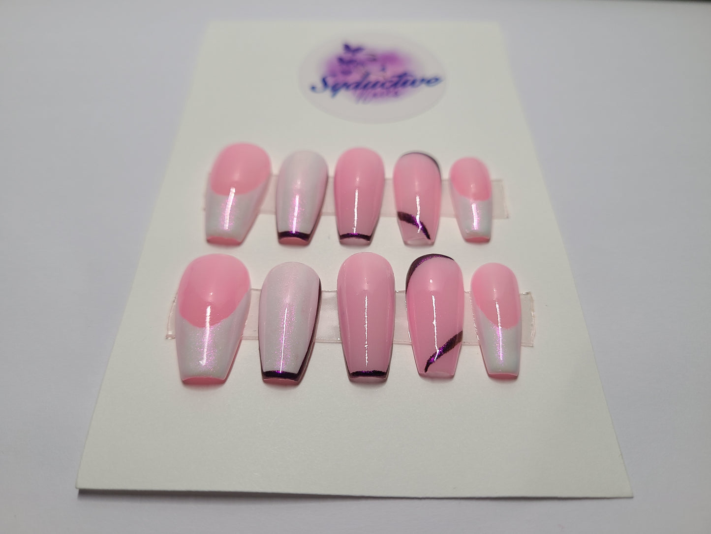 Purple and white chrome with lines. Medium Coffin, (14 pieces) Press-On Nails including Prep Kit (PN000063)