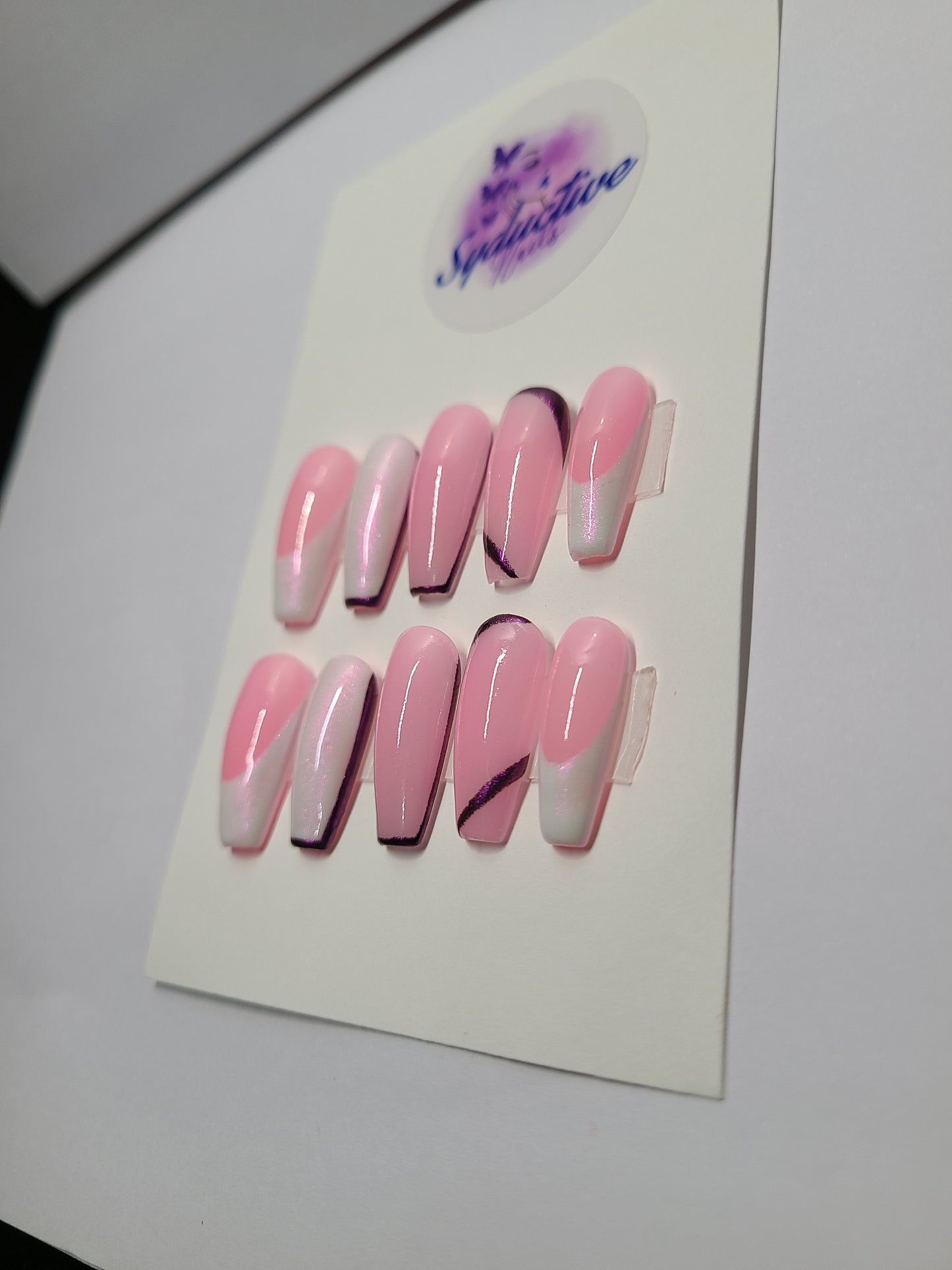 Purple and white chrome with lines. Medium Coffin, (14 pieces) Press-On Nails including Prep Kit (PN000063)