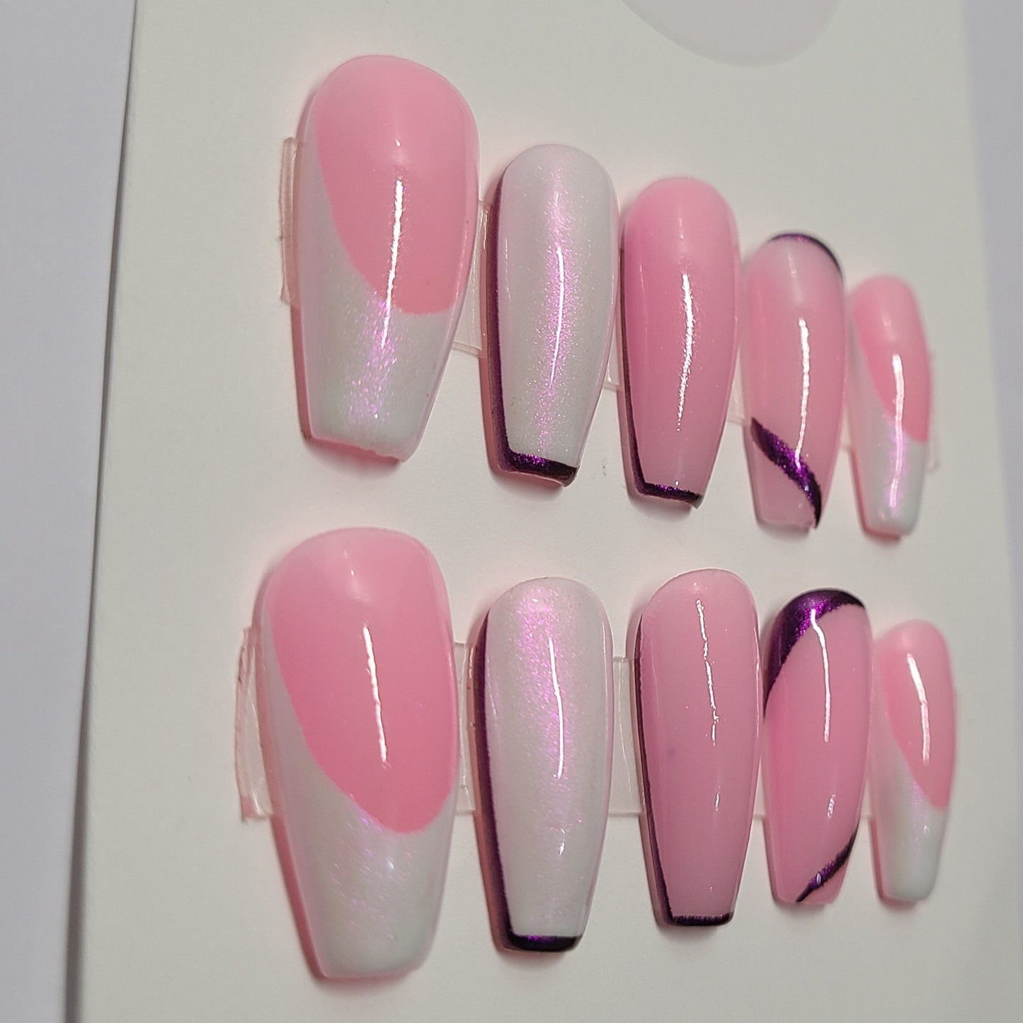 Purple and white chrome with lines. Medium Coffin, (14 pieces) Press-On Nails including Prep Kit (PN000063)