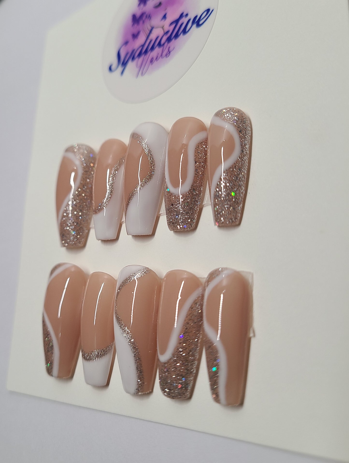 White multi-design nails with glitter. Medium Coffin,(16 pieces) Press-On Nails including Prep Kit (PN000079)