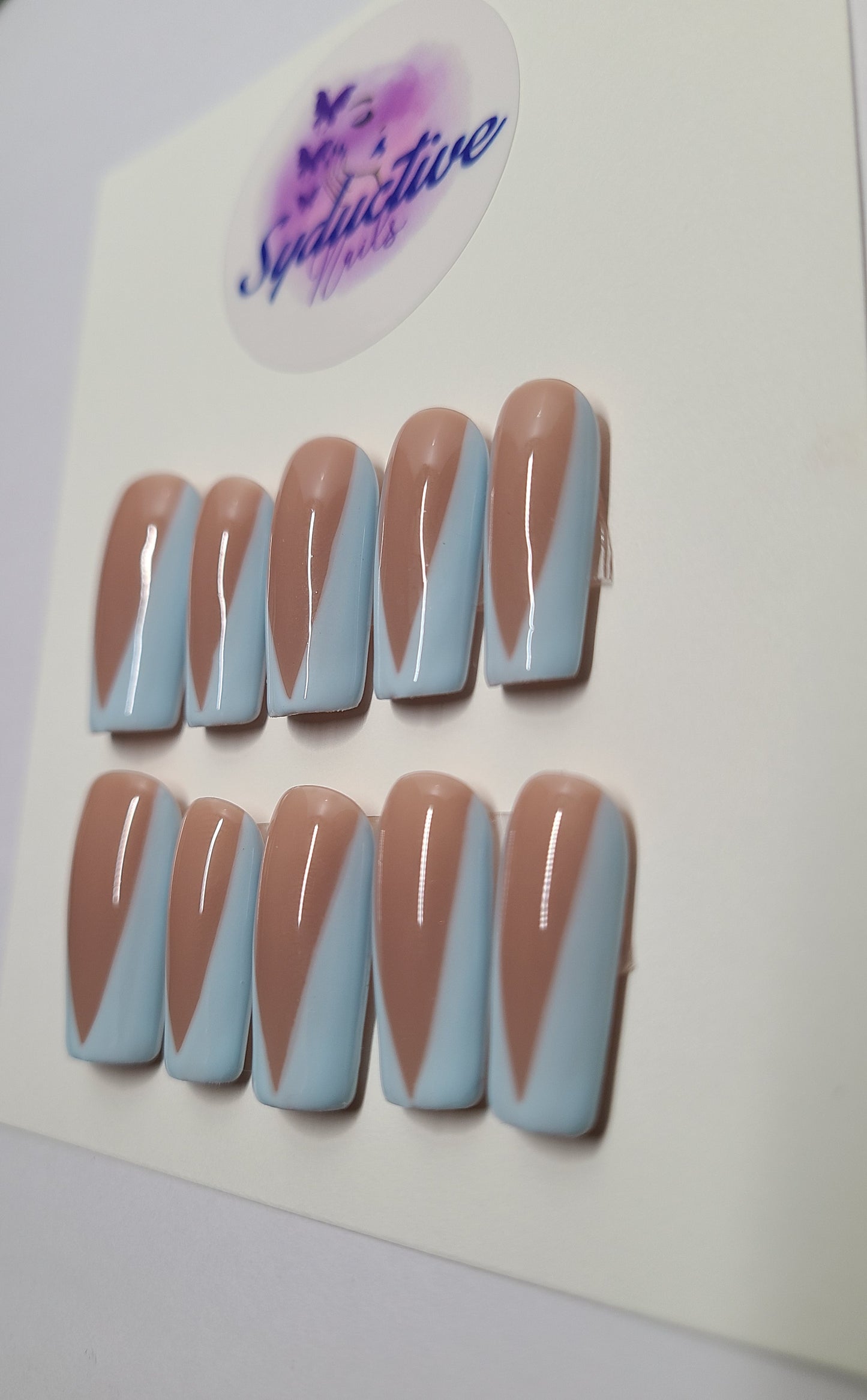 Pale blue v-french nails. Medium Square, (16 pieces) Press-On Nails including Prep Kit (PN000078)