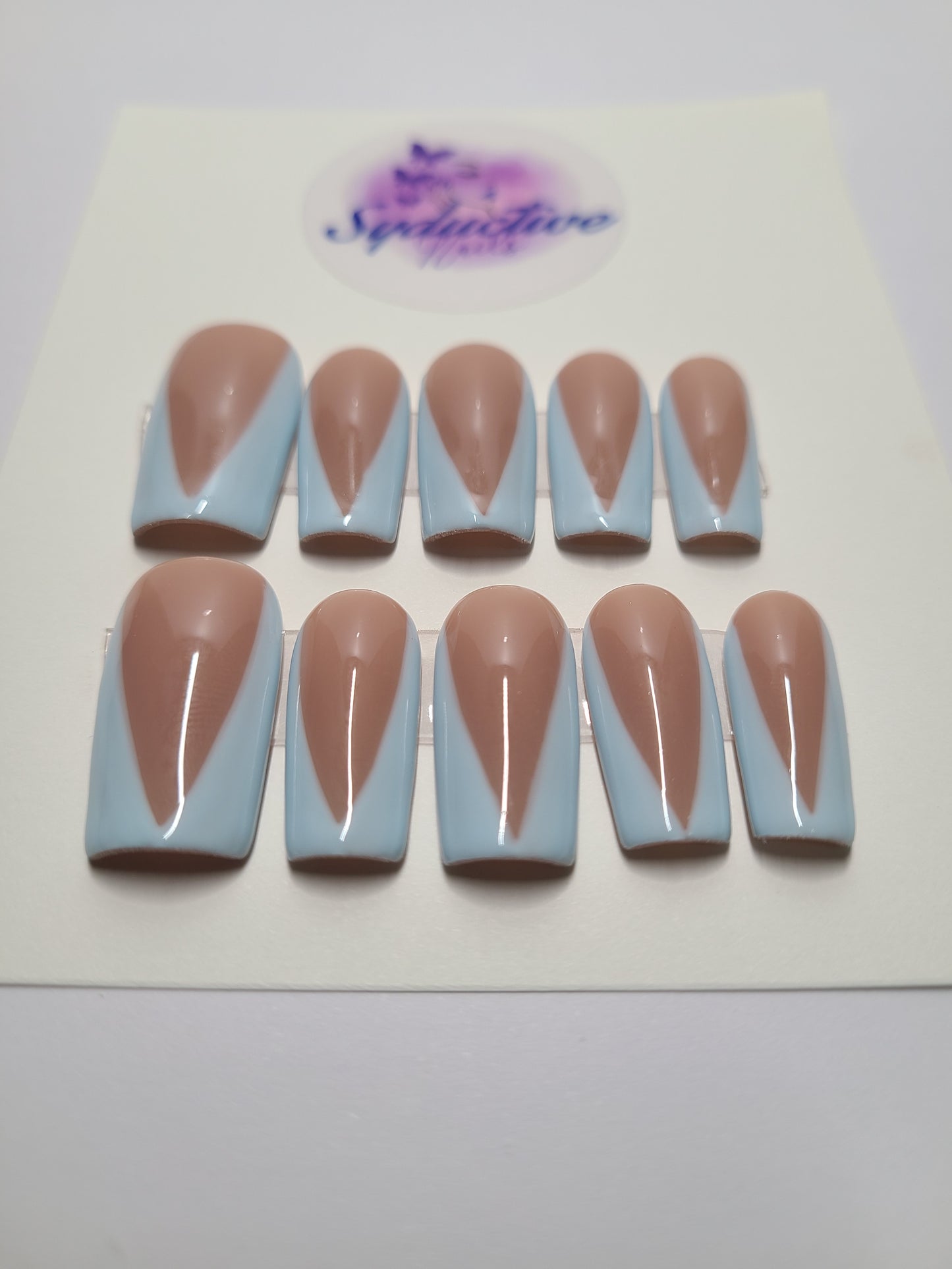 Pale blue v-french nails. Medium Square, (16 pieces) Press-On Nails including Prep Kit (PN000078)
