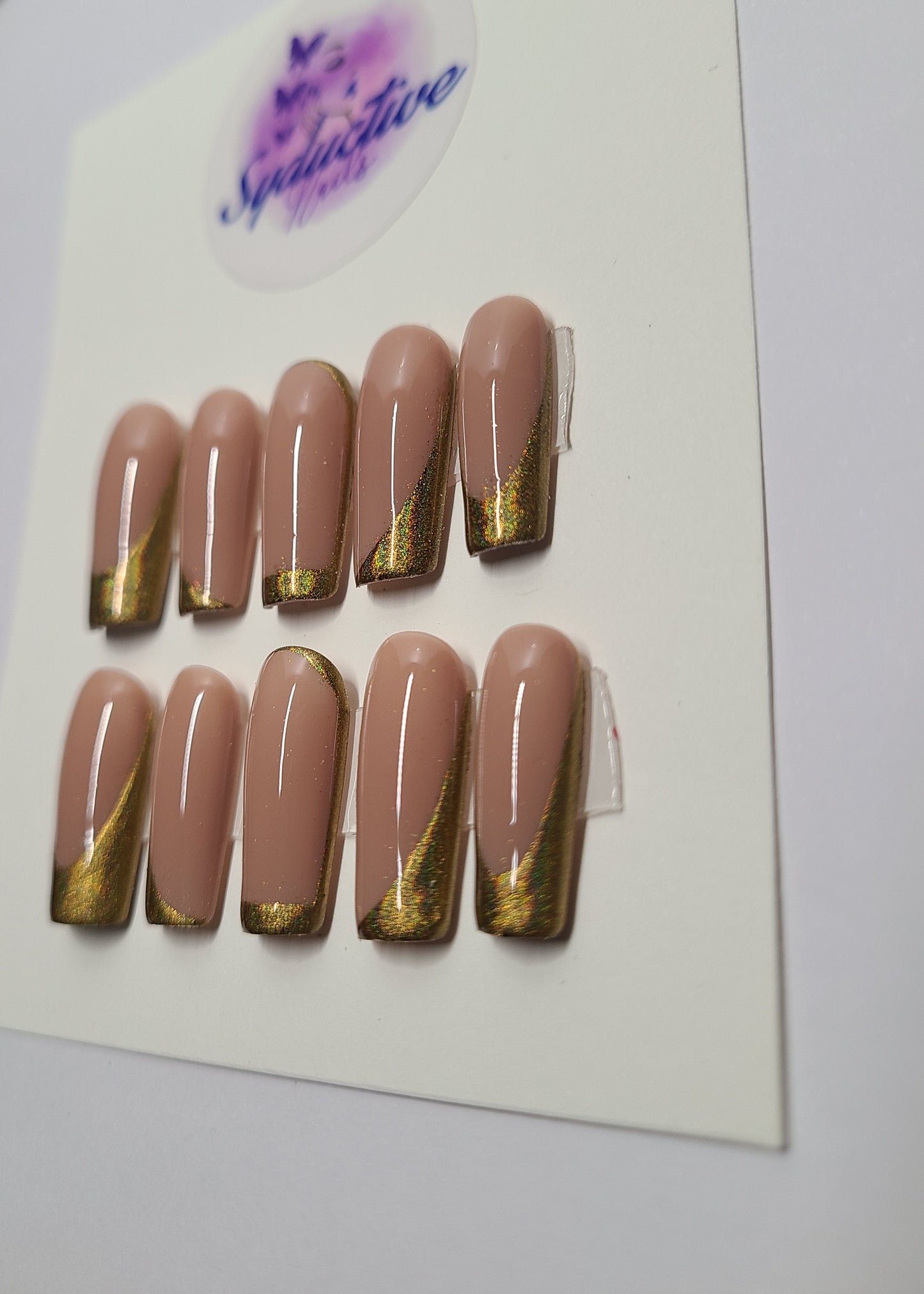 Gold holographic chrome multi-design nails. Medium Square, (14 pieces) Press-On Nails including Prep Kit (PN000077)
