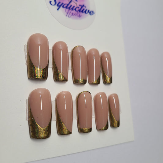 Gold holographic chrome multi-design nails. Medium Square, (14 pieces) Press-On Nails including Prep Kit (PN000077)