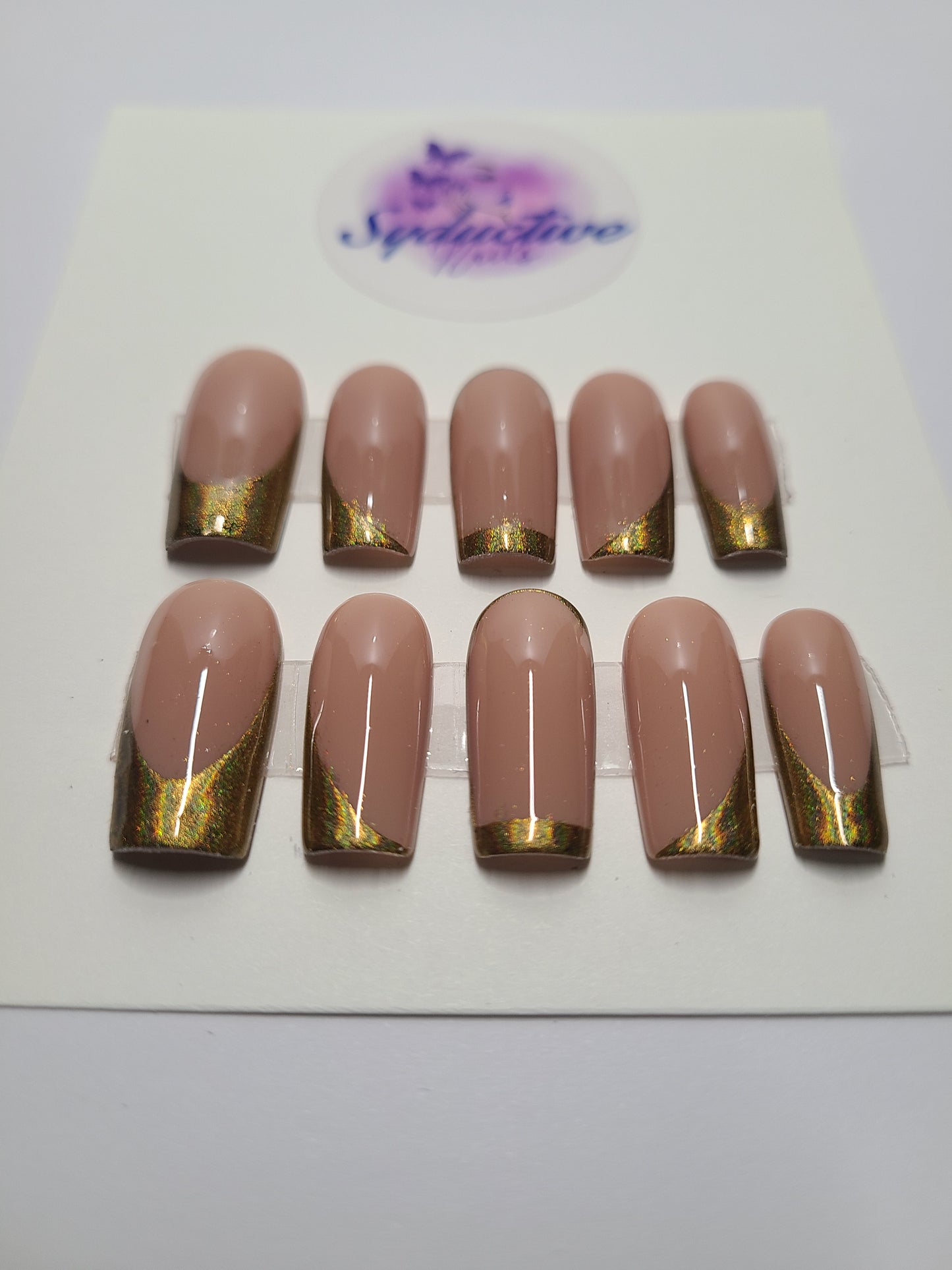 Gold holographic chrome multi-design nails. Medium Square, (14 pieces) Press-On Nails including Prep Kit (PN000077)
