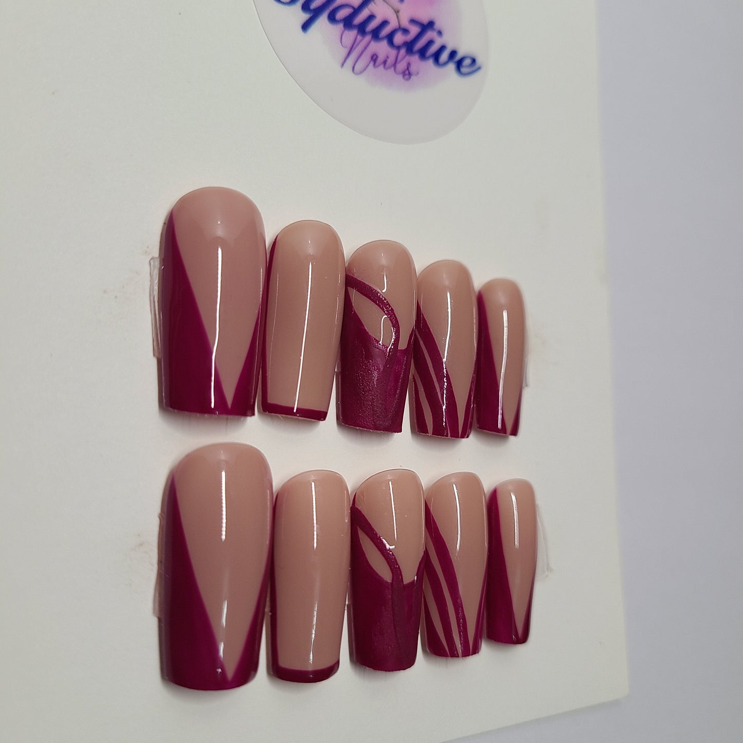 Dark pink multi-design nails. Medium Square, (14 pieces) Press-On Nails including Prep Kit (PN000076)