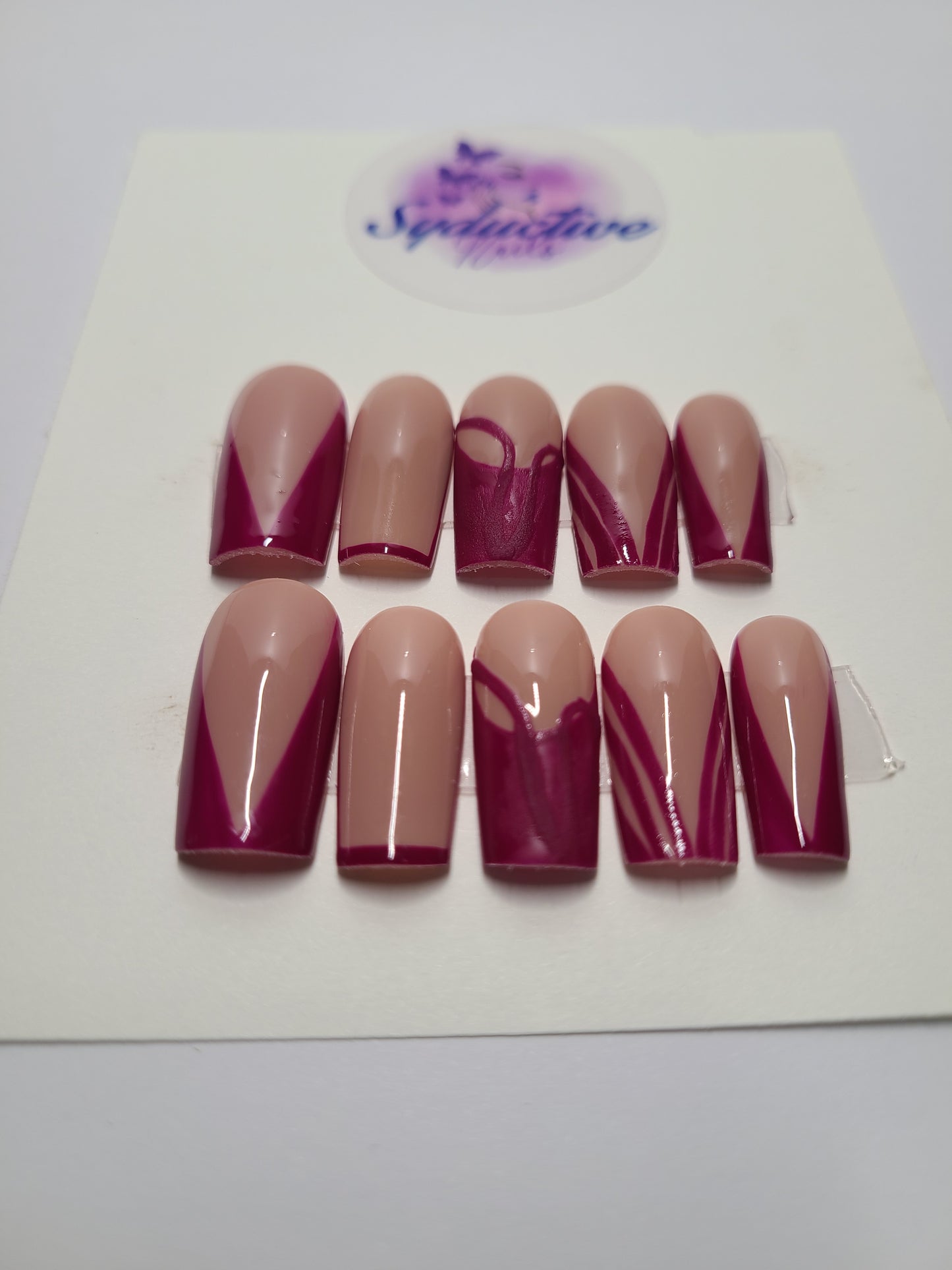Dark pink multi-design nails. Medium Square, (14 pieces) Press-On Nails including Prep Kit (PN000076)