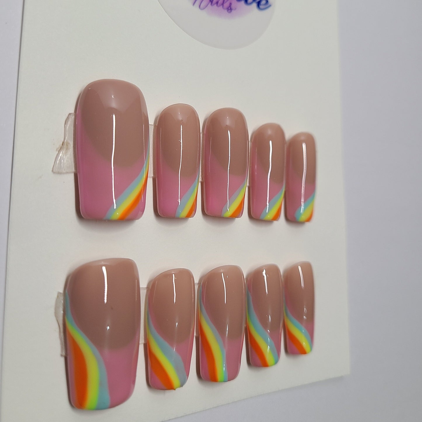 Pink french nail design with colorful lines (blue, orange, and yellow). Medium Square, (16 pieces) Press-On Nails including Prep Kit (PN000074)