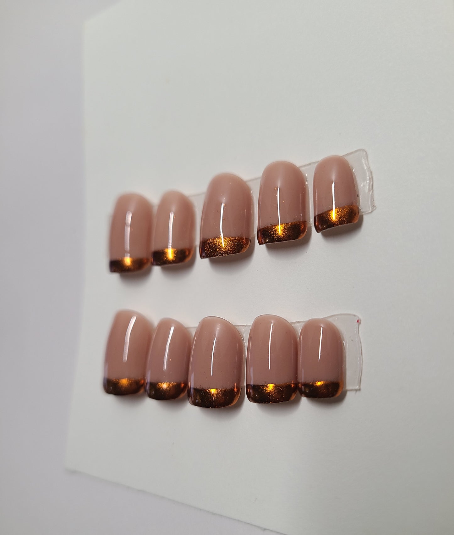 Nude with burnt orange chrome tips. Short square, (24 pieces) Press-On Nails including Prep Kit (PN000081)