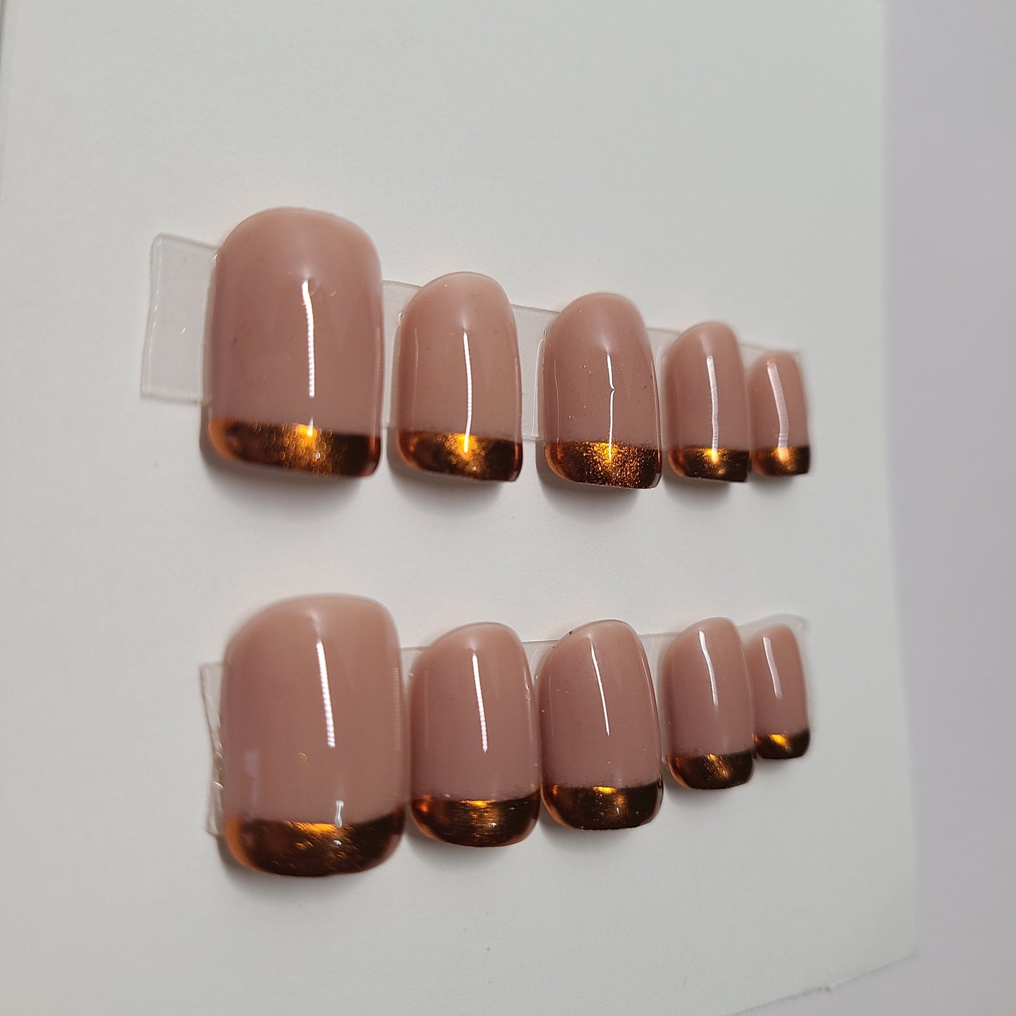 Nude with burnt orange chrome tips. Short square, (24 pieces) Press-On Nails including Prep Kit (PN000081)