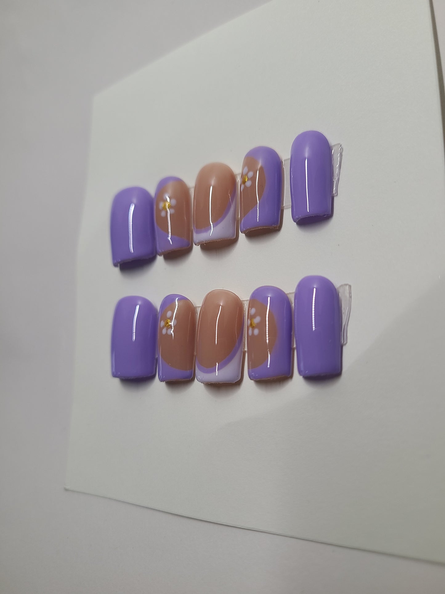 Double purple multi-design with flowers. Short Square, (10 pieces) Press-On Nails including Prep Kit PN000083