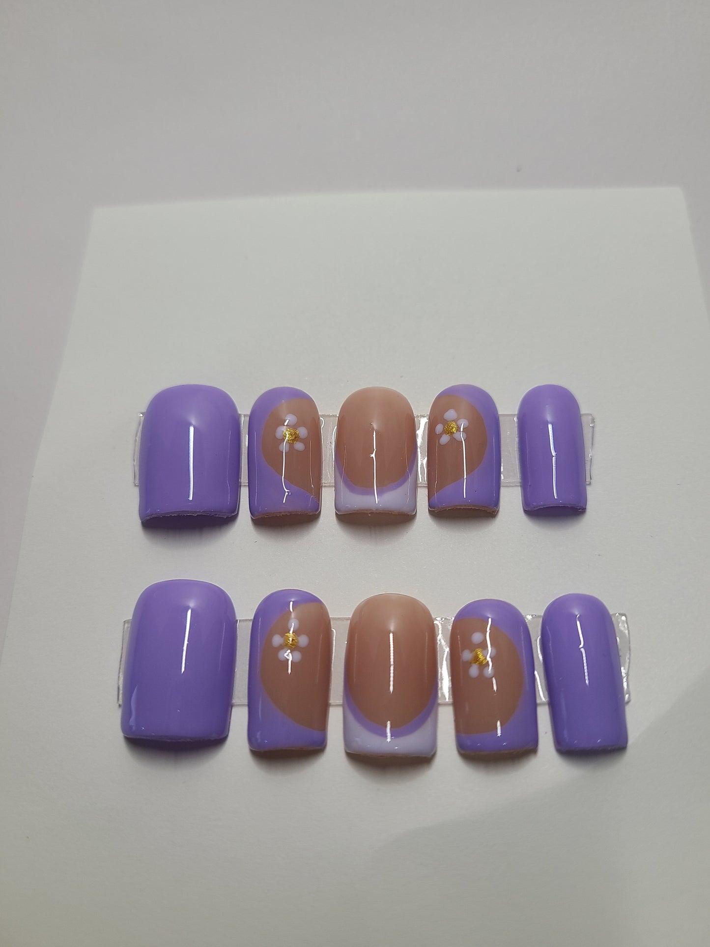 Double purple multi-design with flowers. Short Square, (10 pieces) Press-On Nails including Prep Kit PN000083